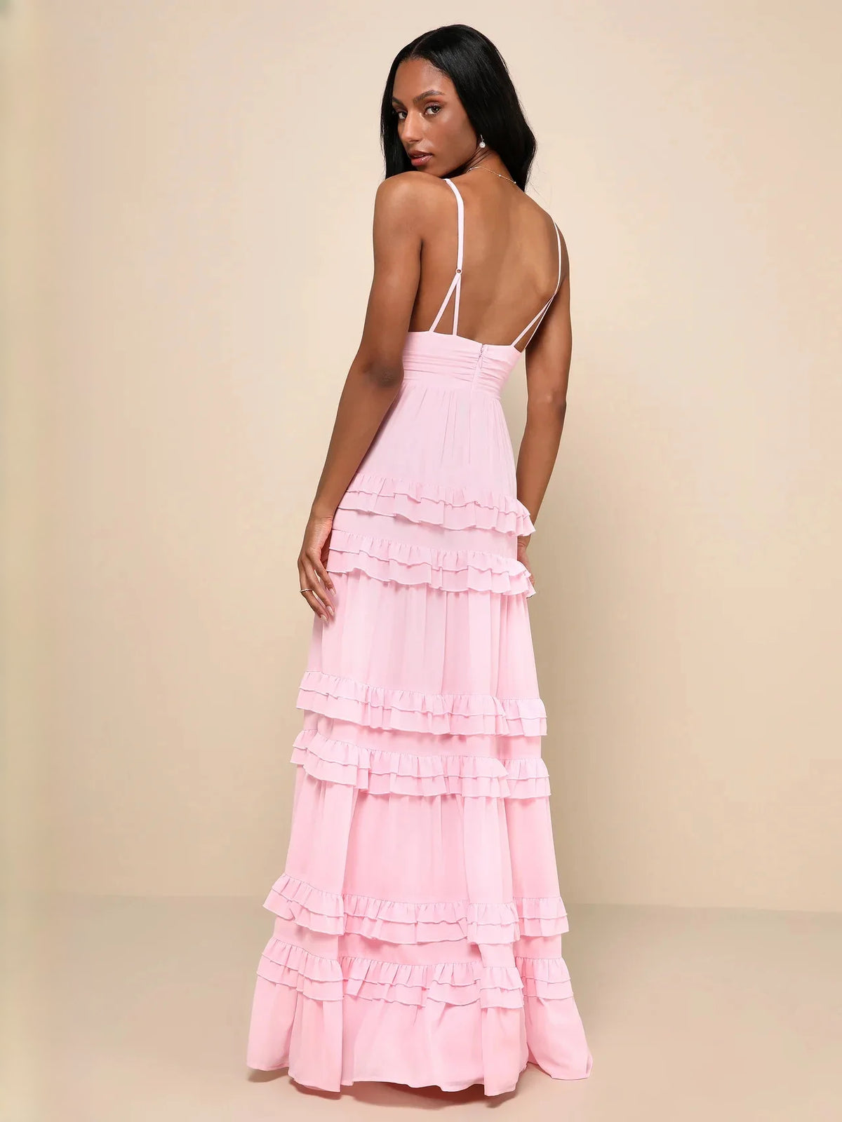 Light Pink maxi bridesmaid dress, alternate view showing the dress shape and hem