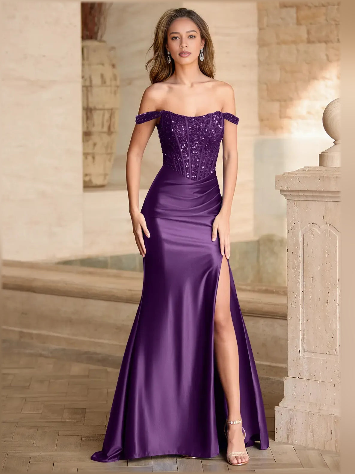 Grape mermaid floor-length formal dress with skirt slit, alternate view