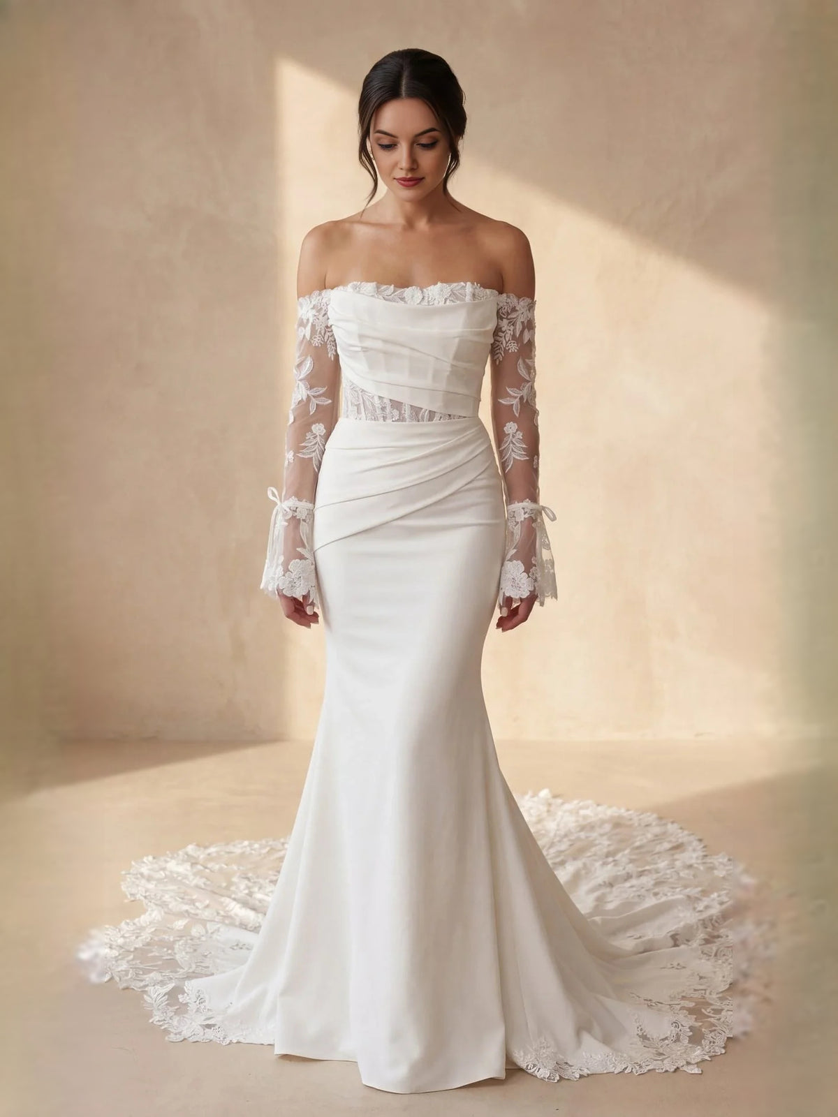 Ivory floor-length wedding dress, alternate view showing the dress shape and hem