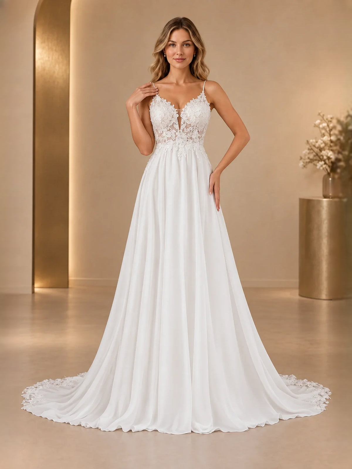 White floor-length wedding dress, alternate view showing the dress shape and hem