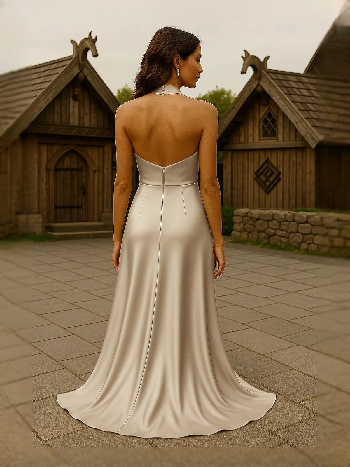 Gold maxi prom dress, alternate view showing the dress shape and hem