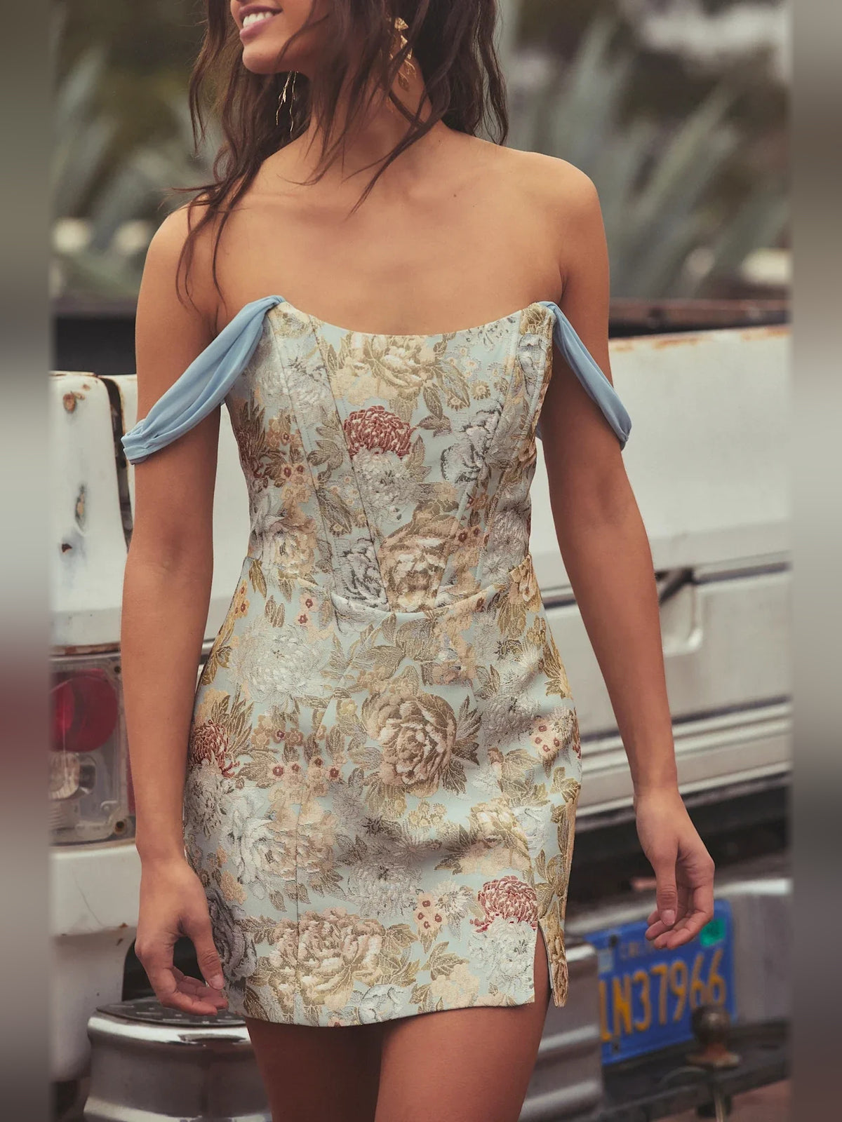 Baby Blue mini homecoming dress, alternate view showing the dress shape and hem