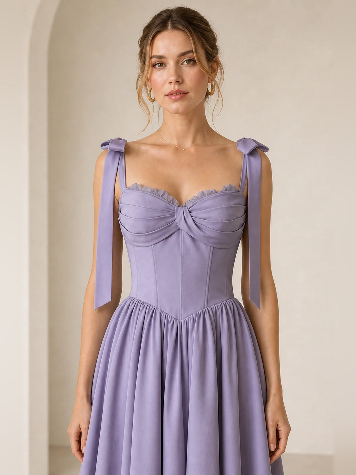 Lilac midi homecoming dress, alternate view showing the dress shape and hem