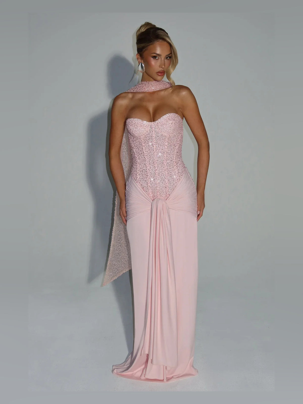 Light Pink maxi prom dress, alternate view showing the dress shape and hem