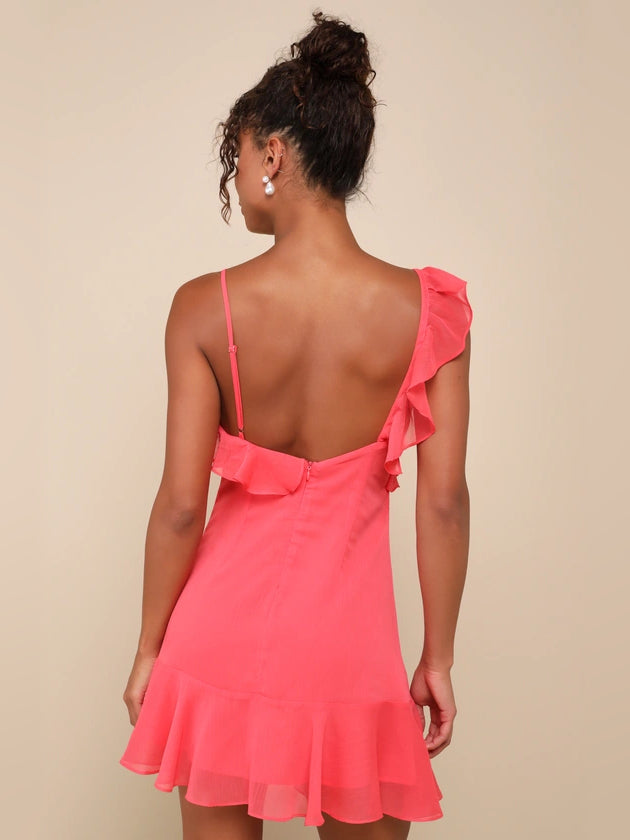 Coral Pink mini homecoming dress, alternate view showing the dress shape and hem