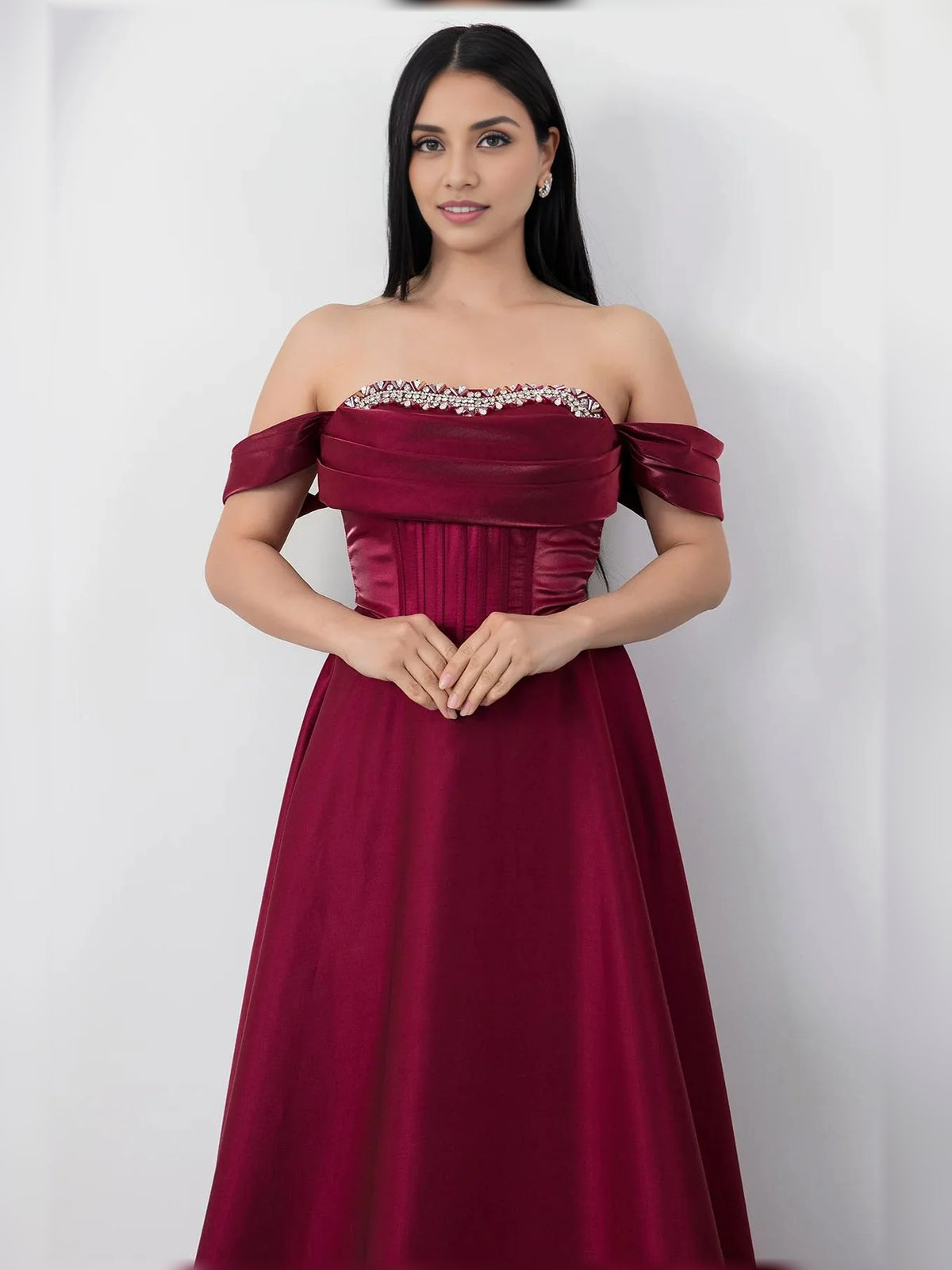 Deep Red a-line floor-length formal dress with corset-style bodice, alternate view