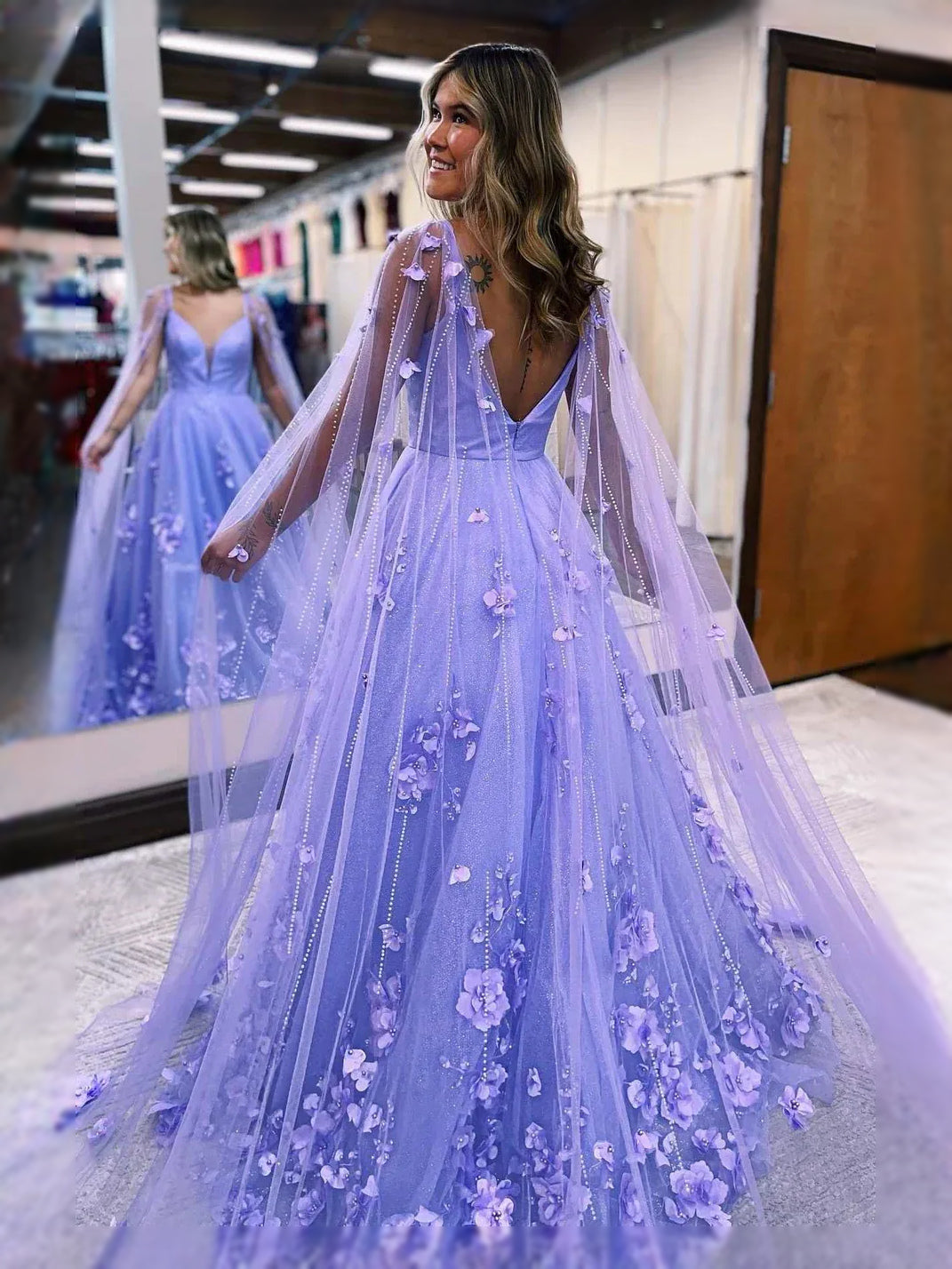 Lavender maxi prom dress, back view showing the rear of the dress