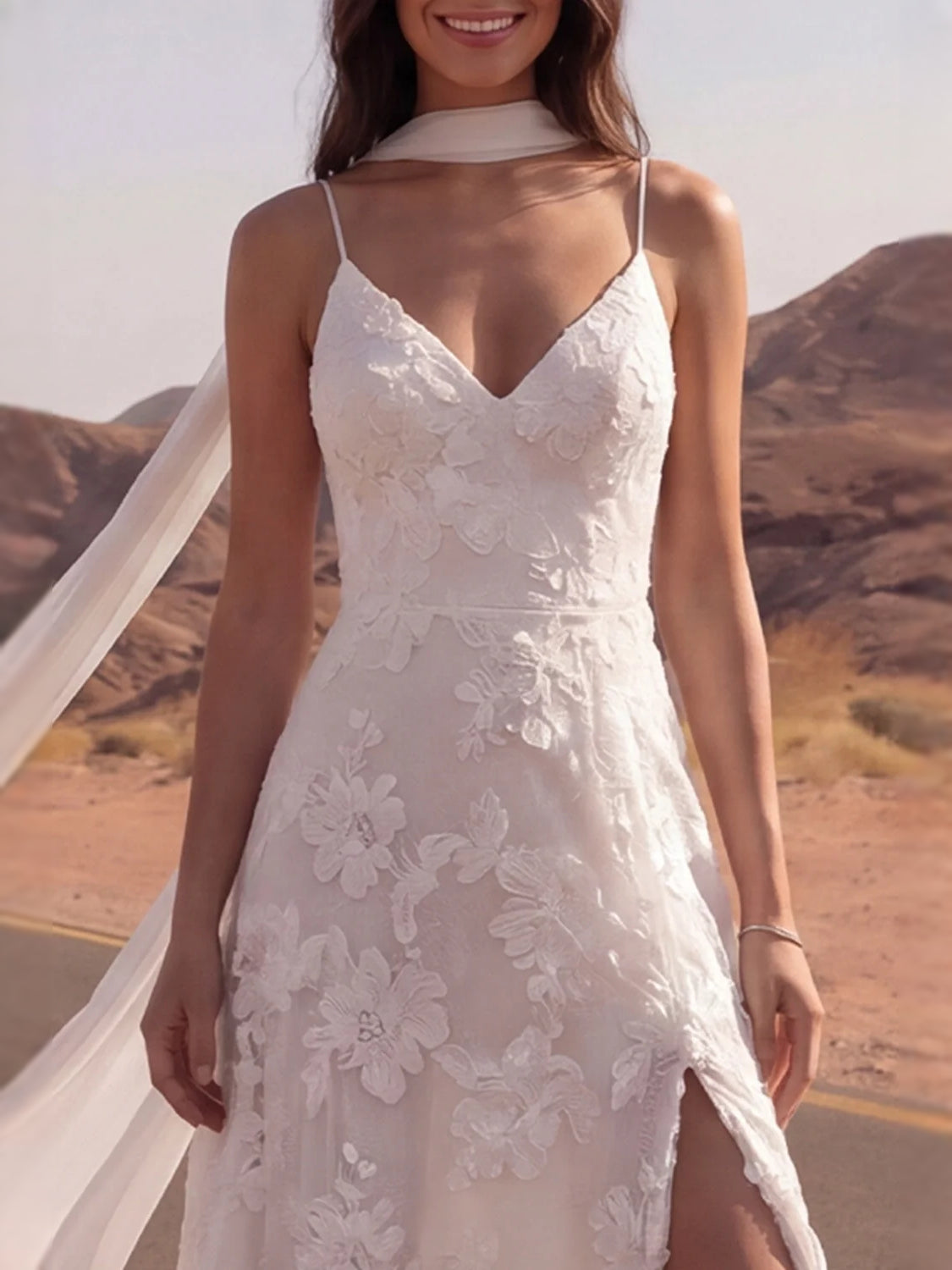 Ivory floor-length wedding dress, alternate view showing the dress shape and hem