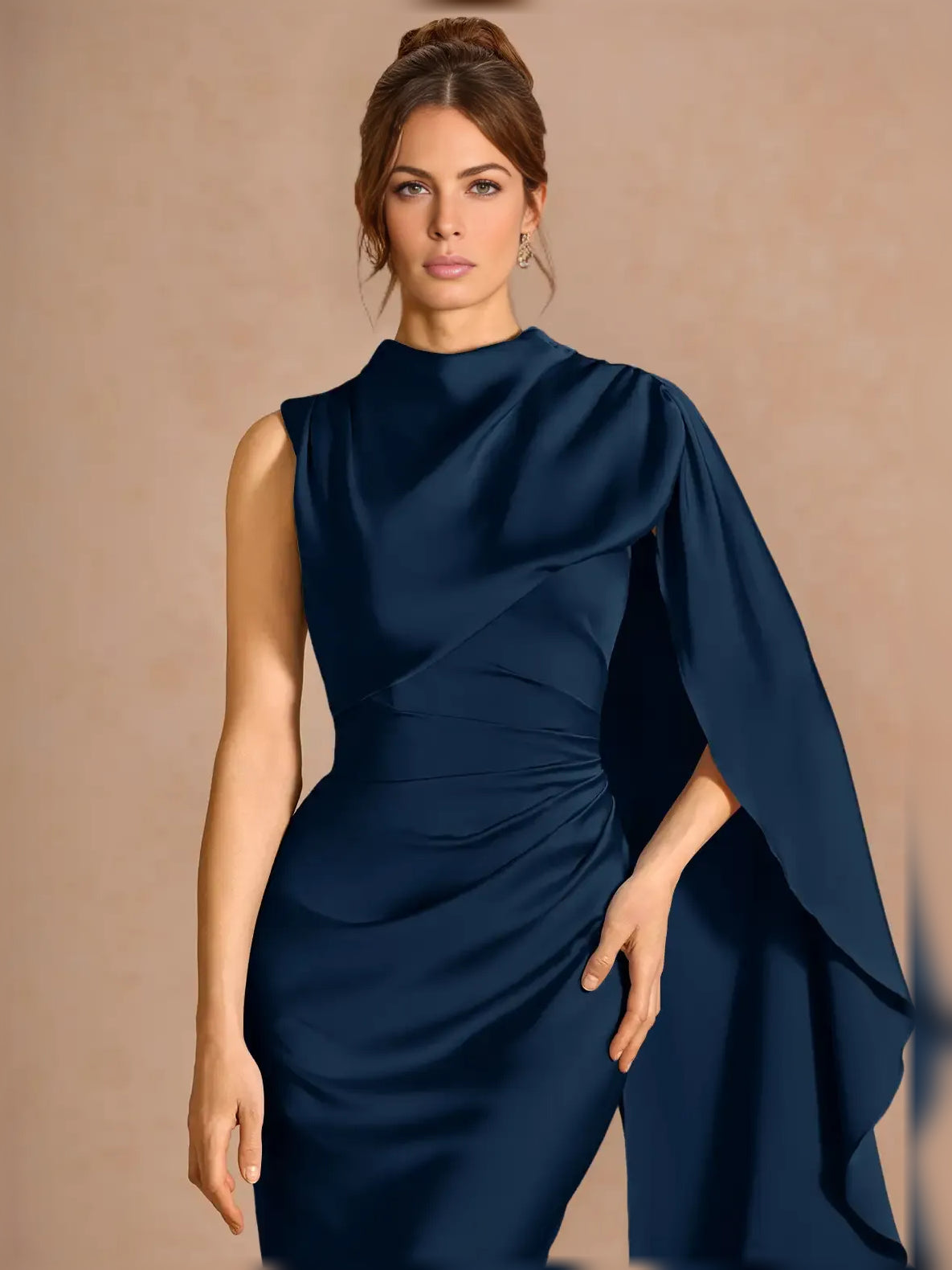 Navy Blue mermaid floor-length formal dress with ruching, alternate view