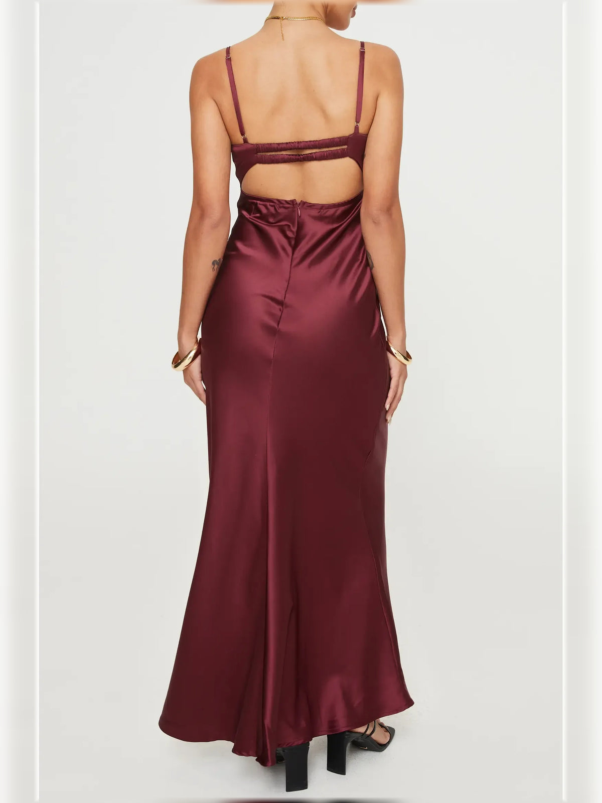Dark Red bodycon floor-length formal dress with cutout detail, alternate view showing the bodice