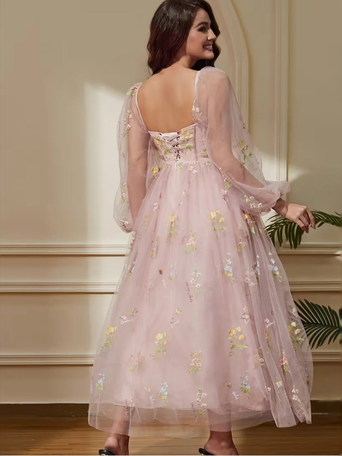 Coral midi prom dress, alternate view showing the dress shape and hem