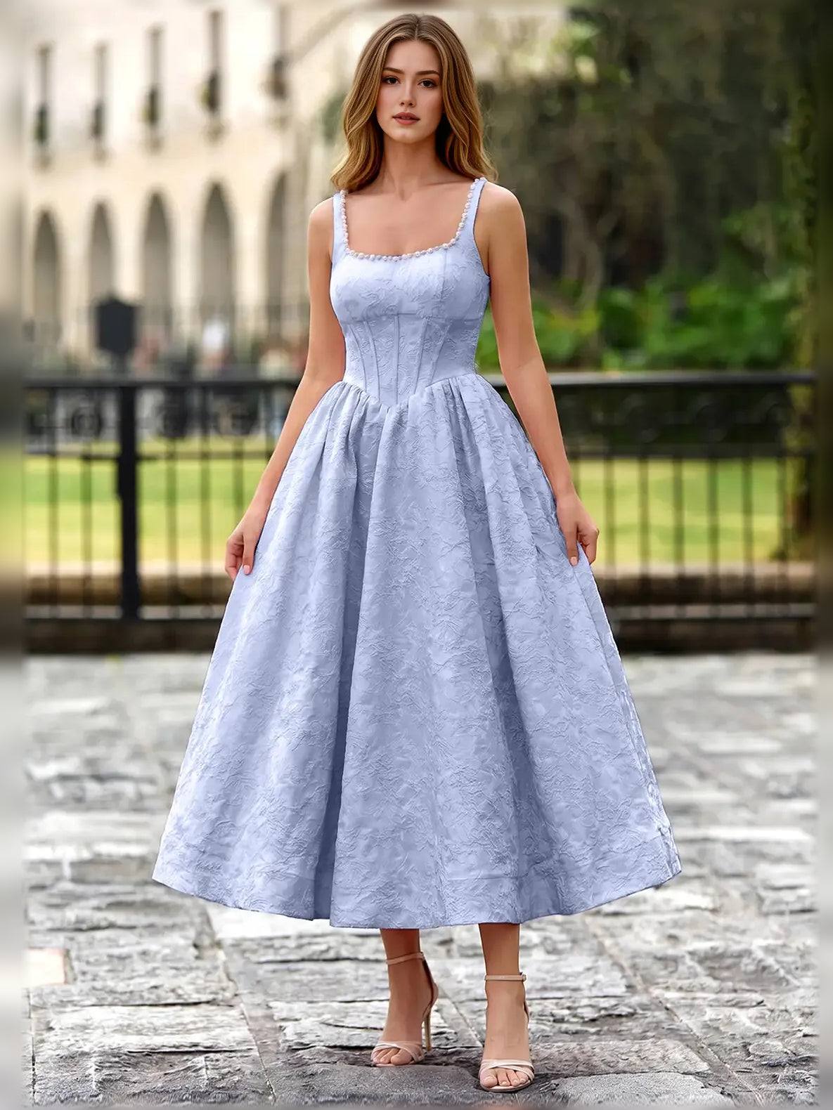 Light Blue fit-and-flare tea-length formal dress with corset-style bodice, alternate view showing the bodice