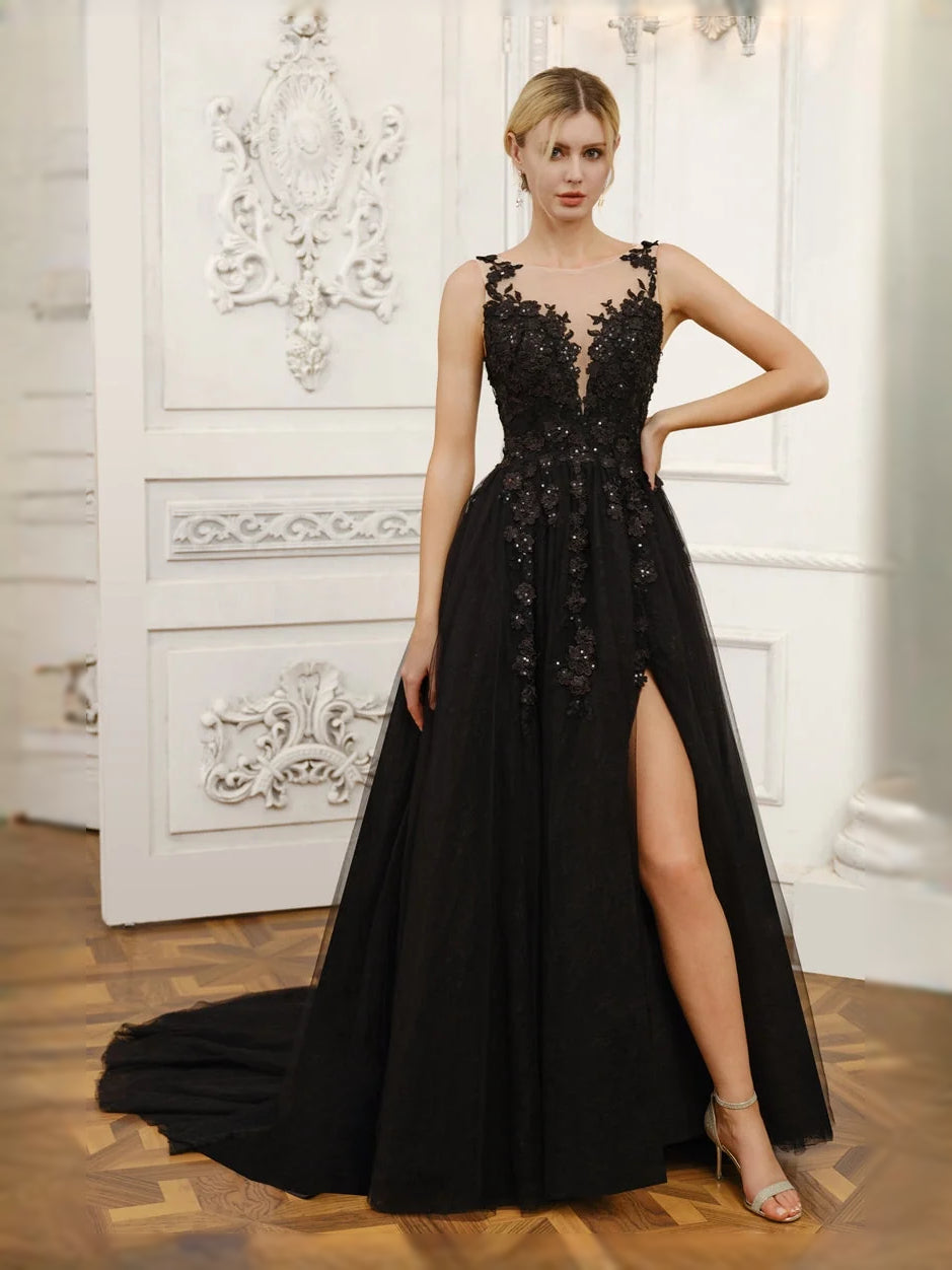 Black floor-length wedding dress, alternate view showing the dress shape and hem