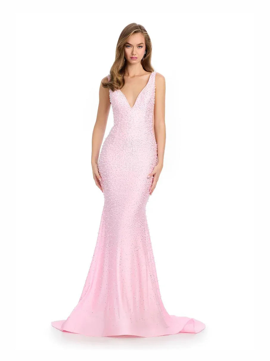 Pink maxi prom dress, alternate view showing the dress shape and hem
