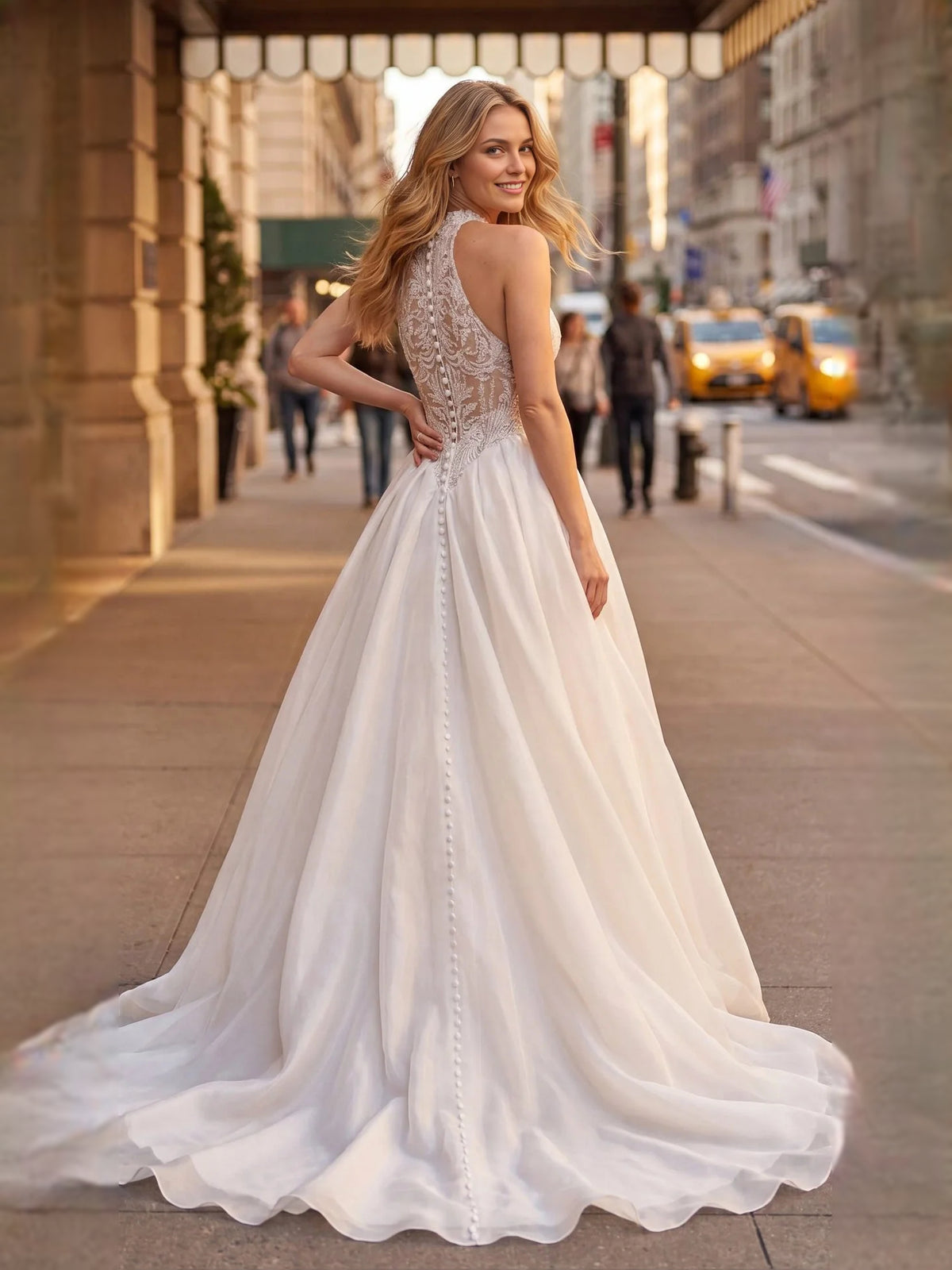 Ivory floor-length wedding dress, alternate view showing the dress shape and hem