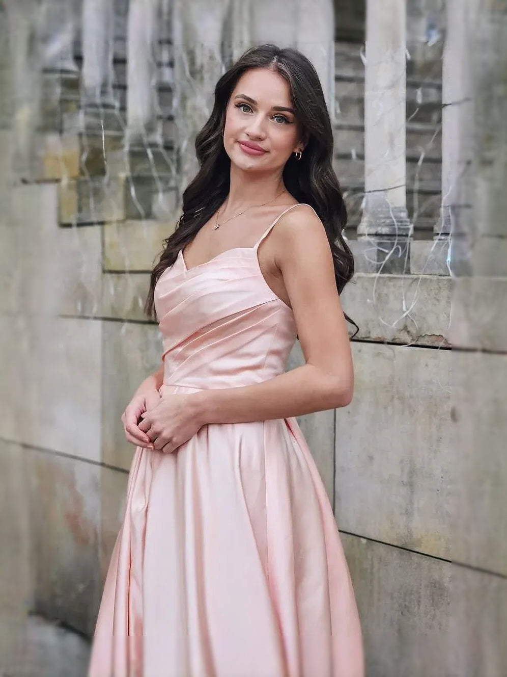 Blush Pink maxi prom dress, alternate view showing the dress shape and hem