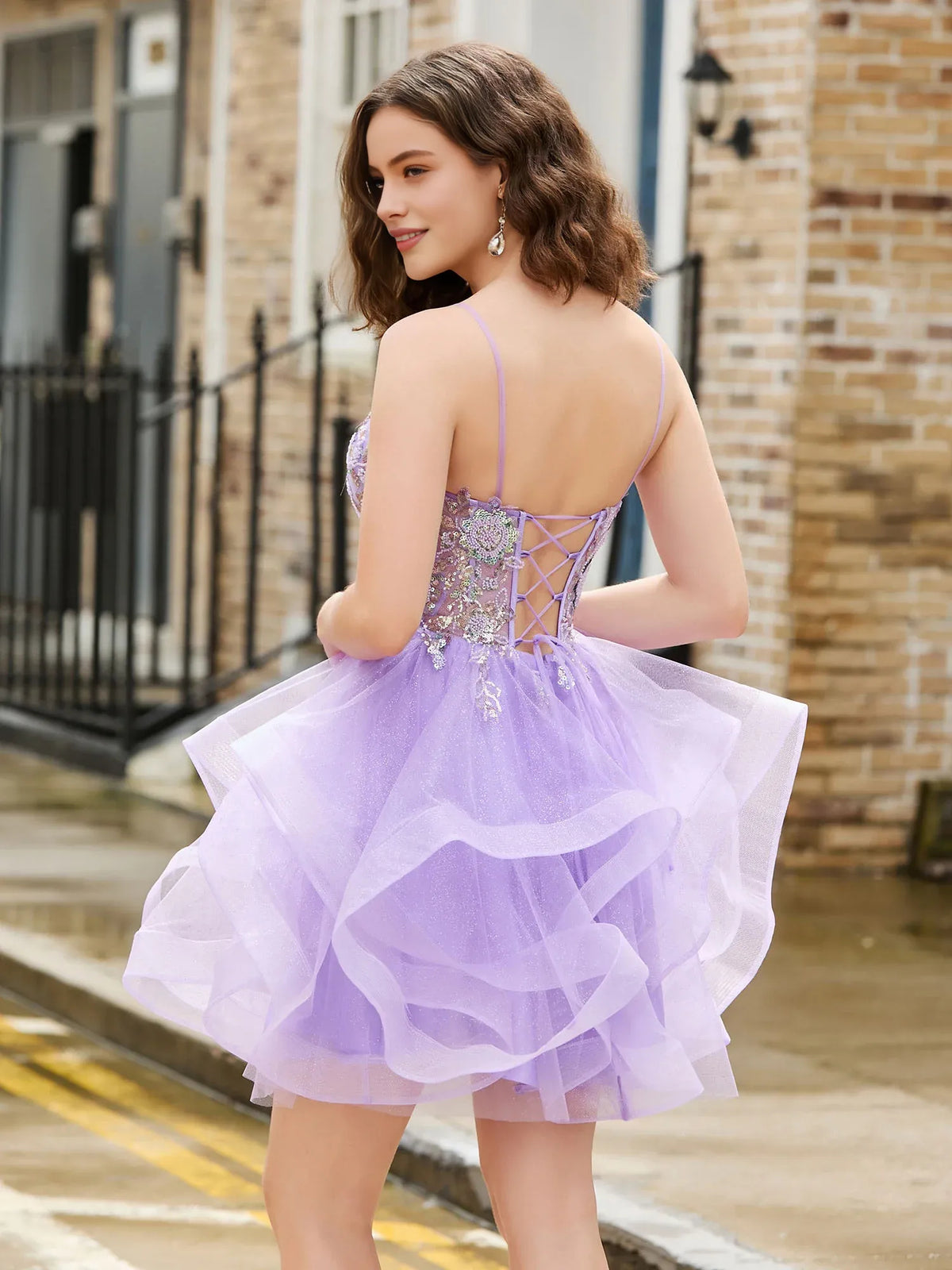 Lilac mini homecoming dress, alternate view showing the dress shape and hem