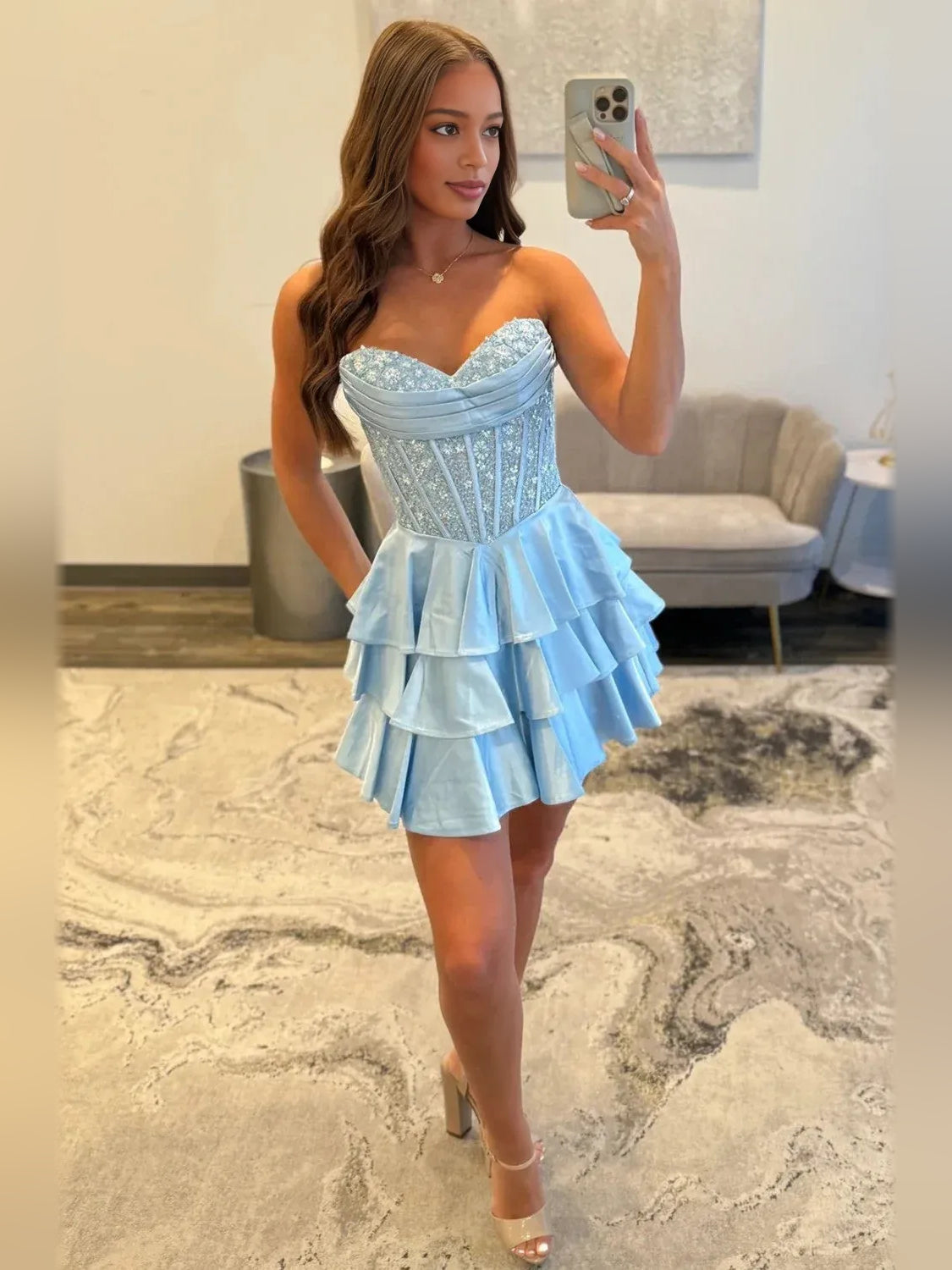 Light Blue mini homecoming dress, alternate view showing the dress shape and hem