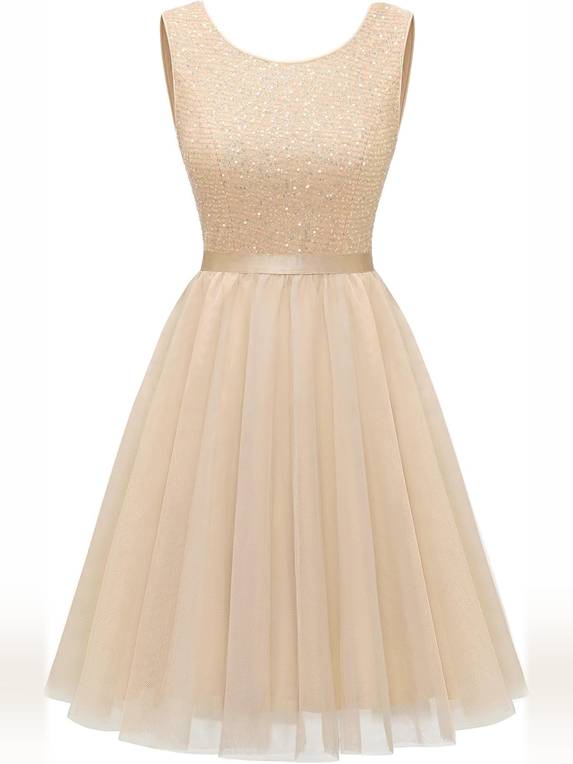 Champagne mini homecoming dress, alternate view showing the dress shape and hem