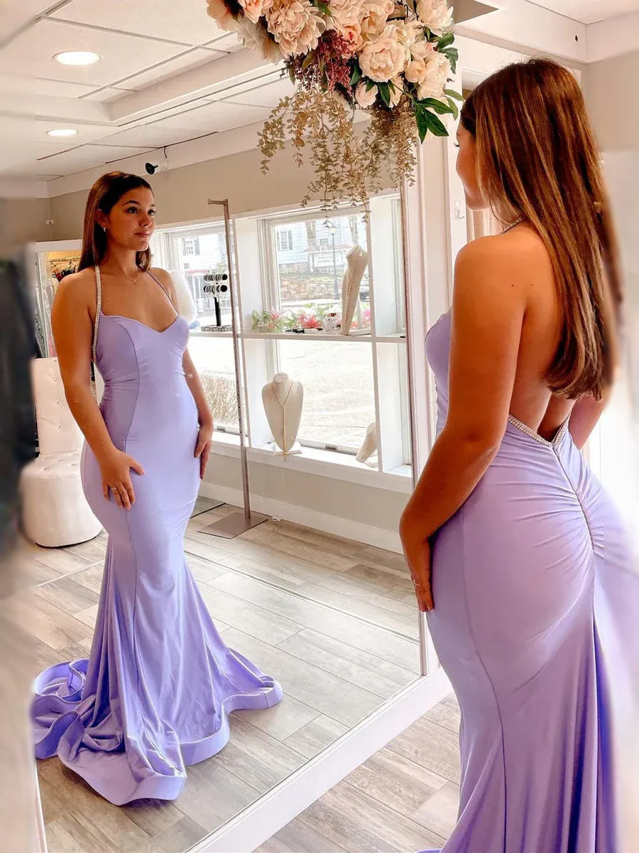 Lilac floor-length prom dress, back view showing the rear of the dress