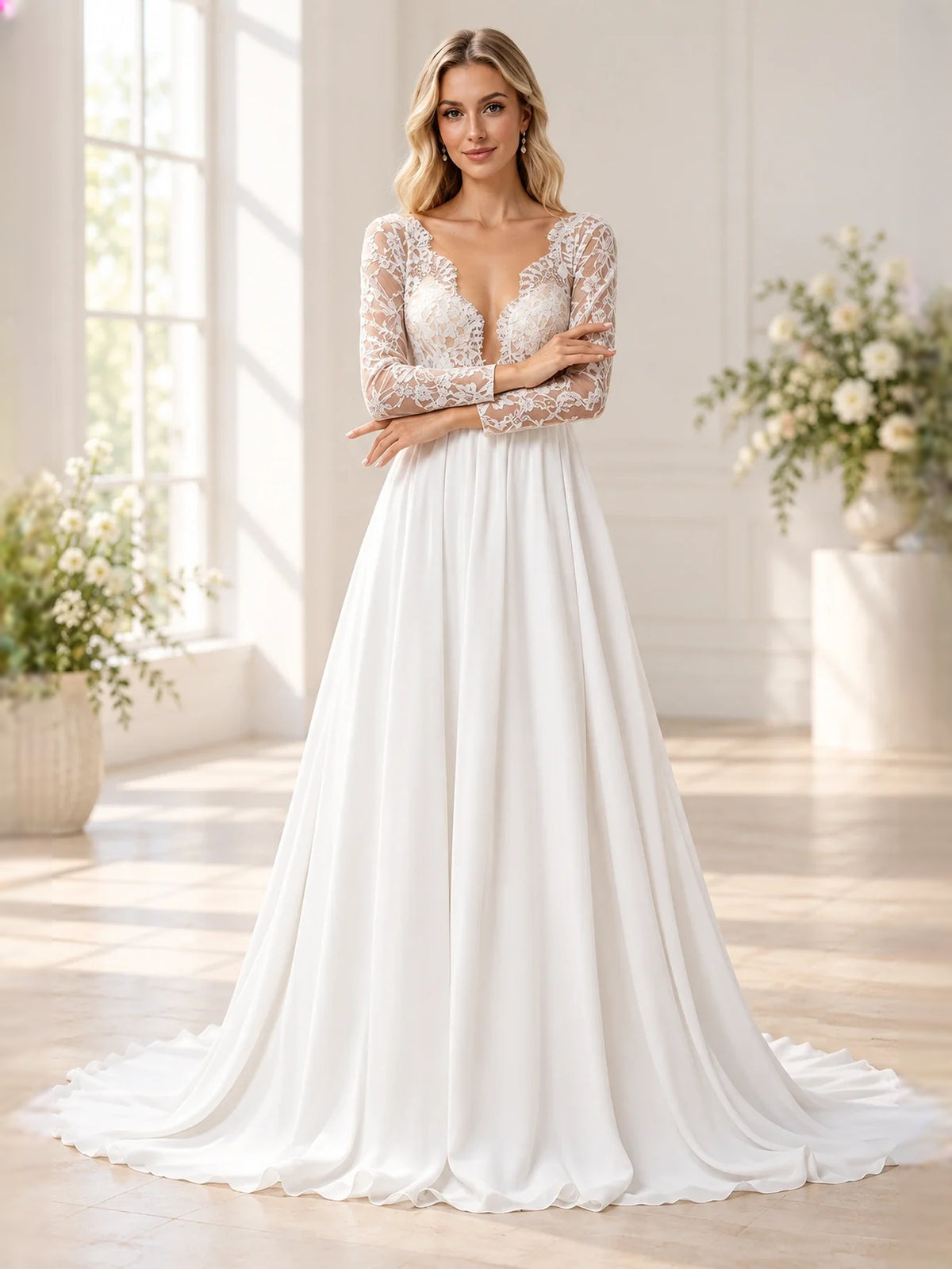 Ivory floor-length wedding dress, alternate view showing the dress shape and hem