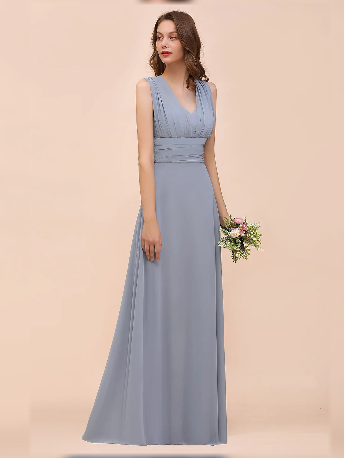 Dusty Blue floor-length bridesmaid dress, alternate view showing the dress shape and hem