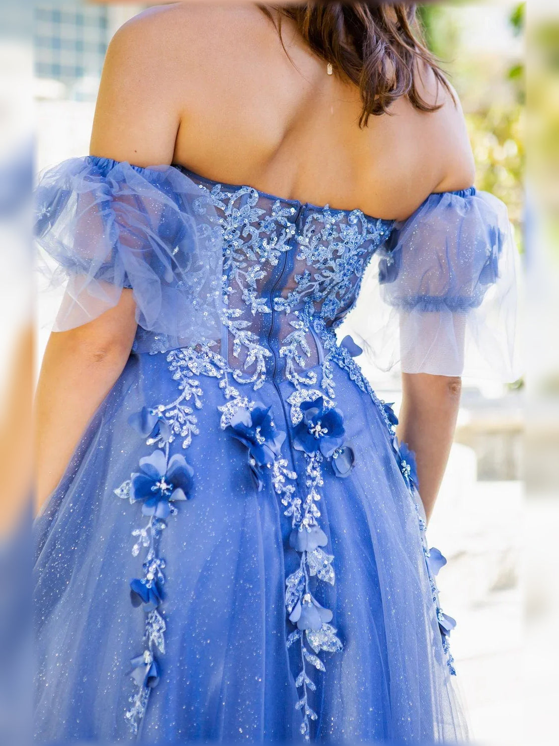 Blue a-line floor-length formal dress with floral print, alternate view