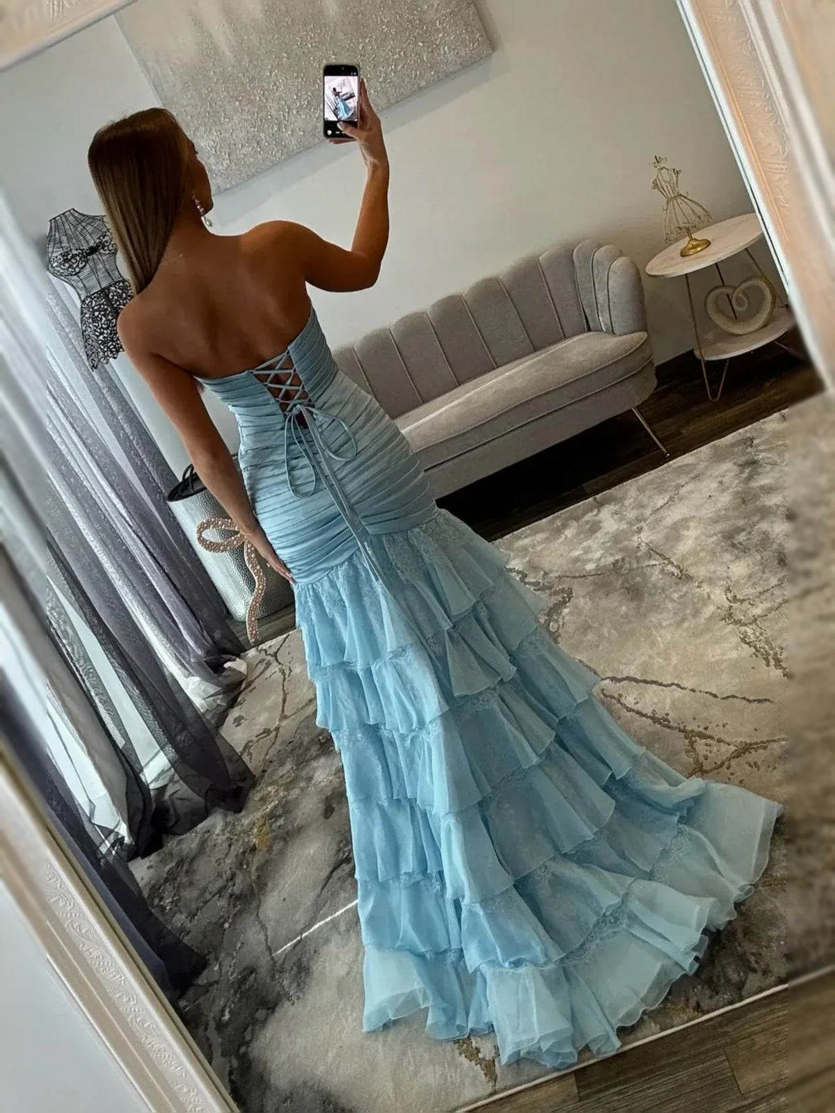 Light Blue floor-length prom dress, alternate view showing the dress shape and hem