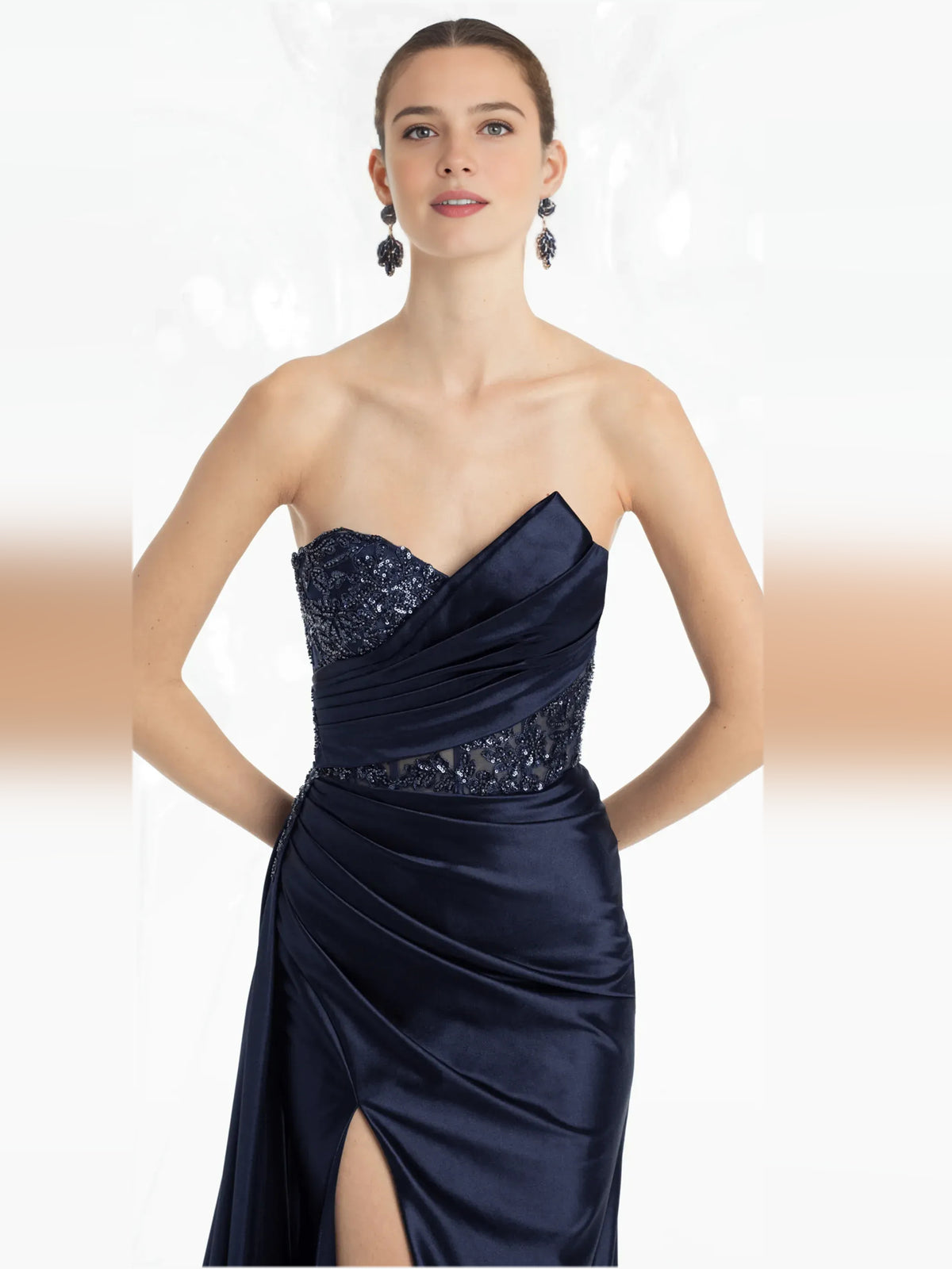 Dark Navy mermaid floor-length formal dress with draping, alternate view