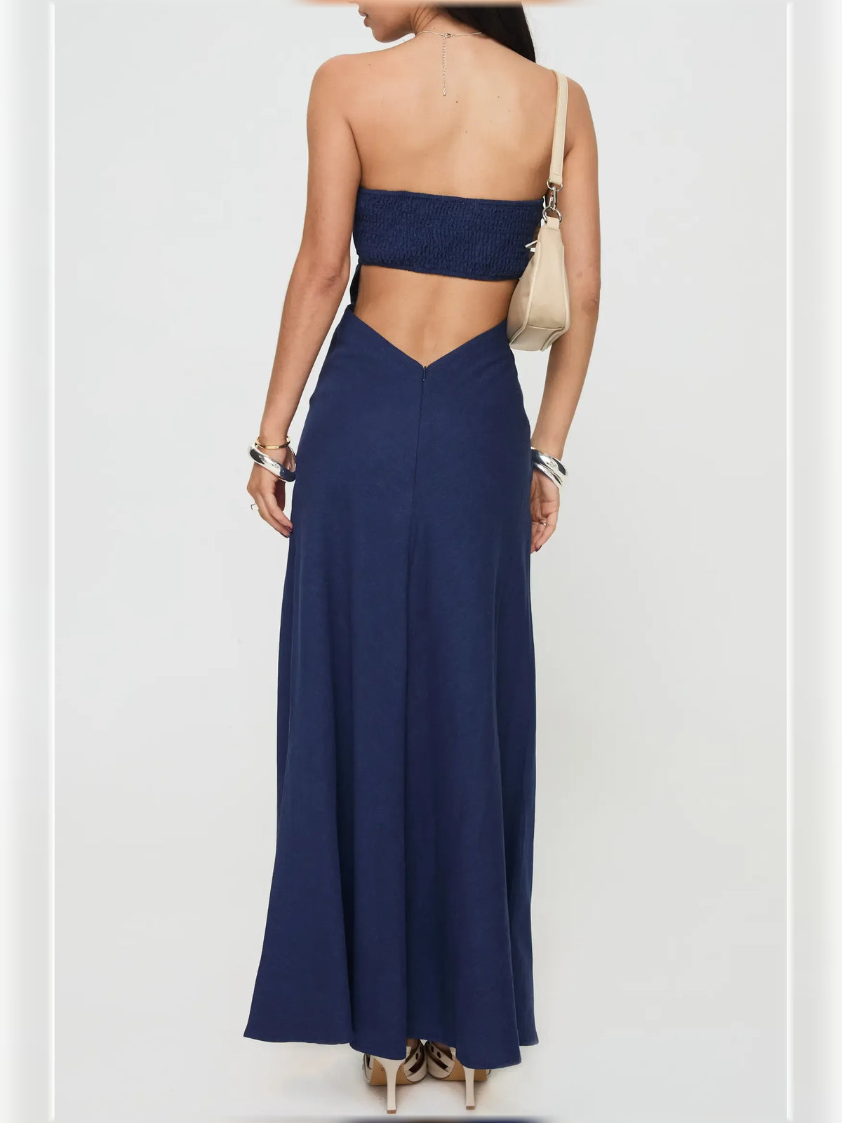 Navy Blue sheath floor-length formal dress with cutout detail, alternate view