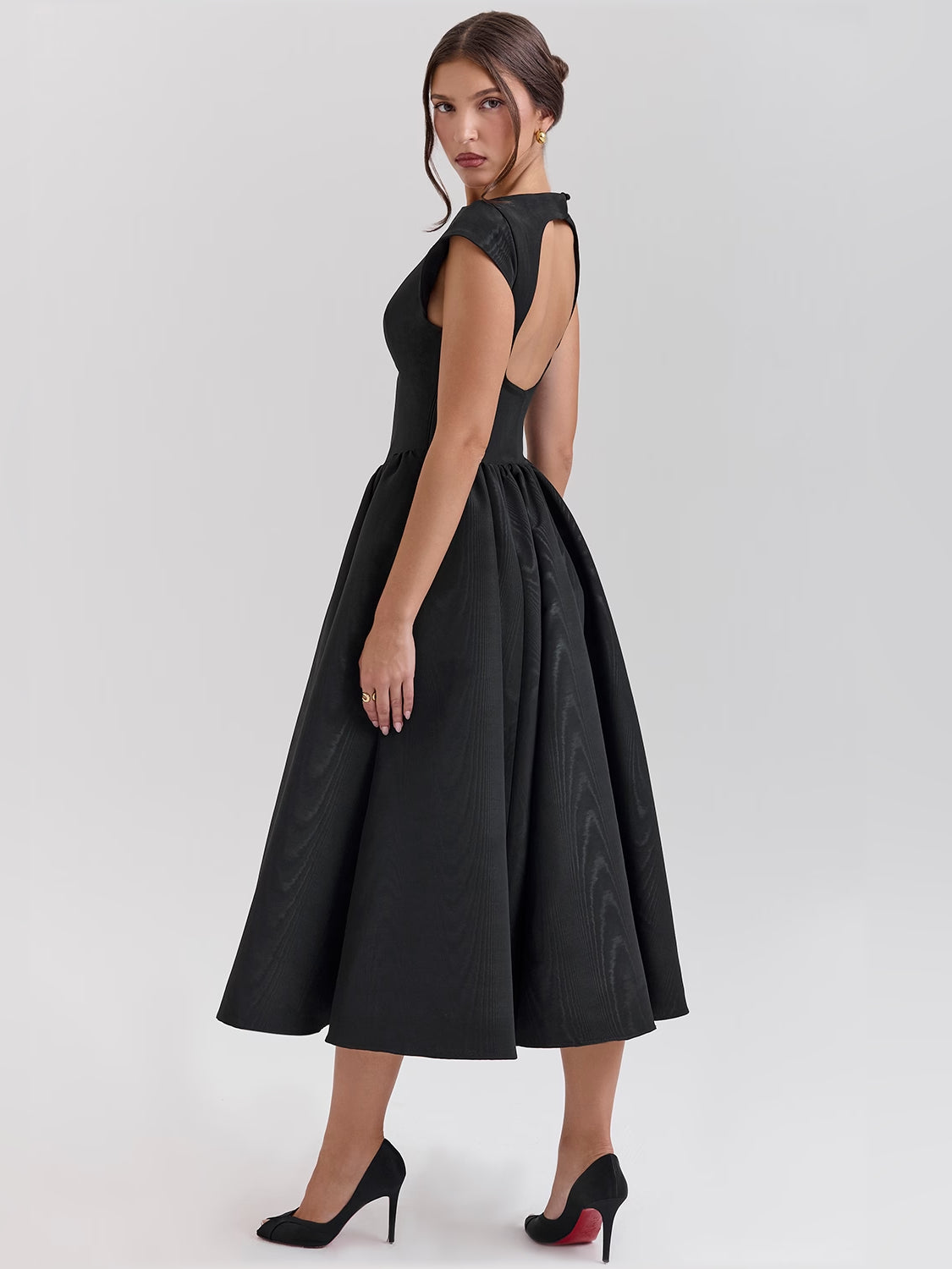 Black midi formal dress, alternate view showing the bodice