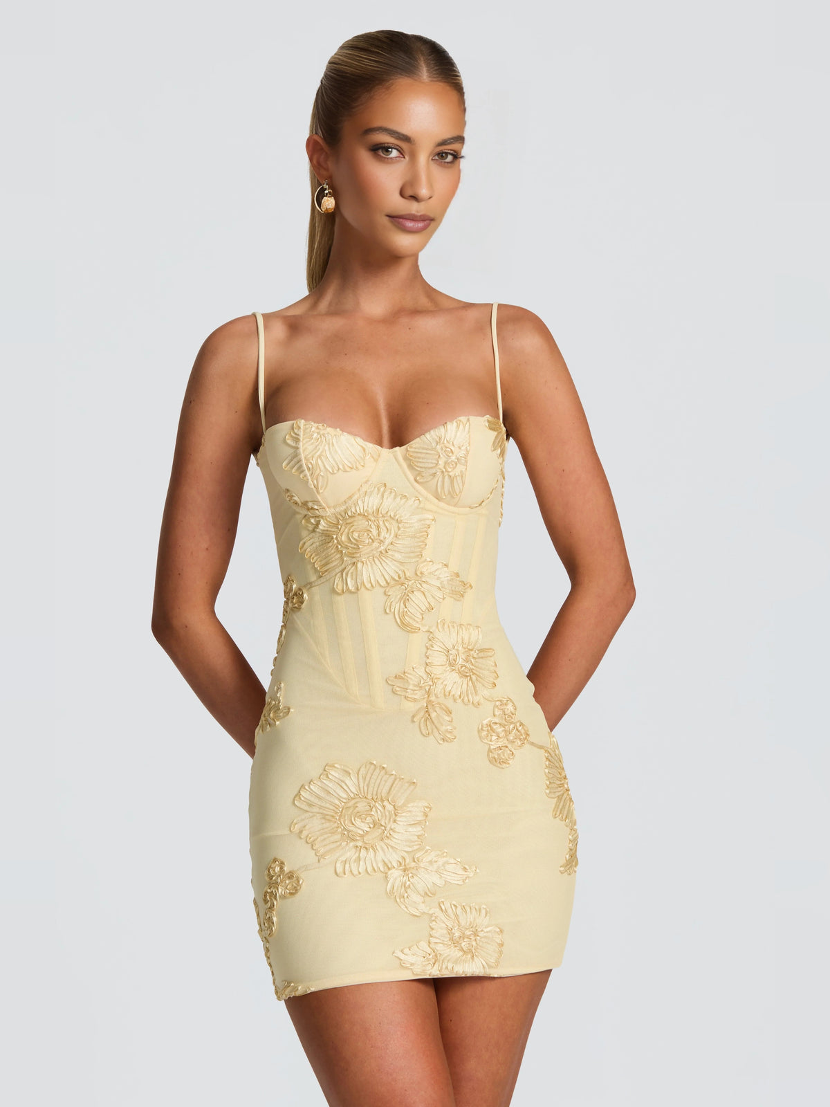 Lemon mini homecoming dress, alternate view showing the dress shape and hem