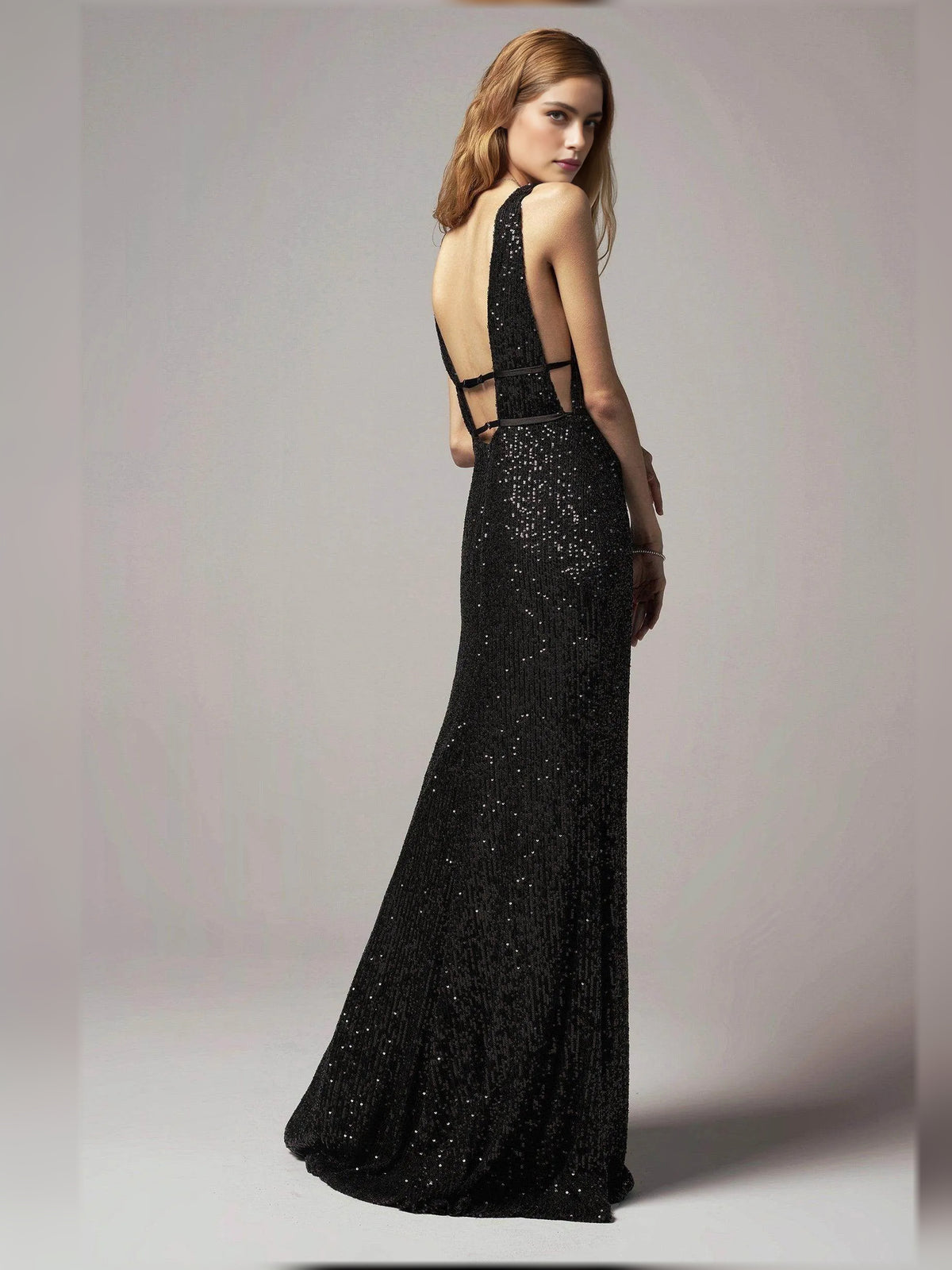 Black sheath floor-length formal dress with beading, alternate view