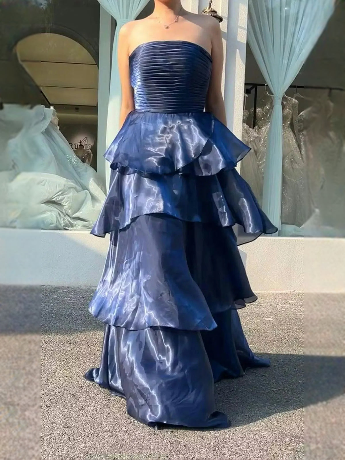Dark Navy floor-length prom dress, alternate view showing the dress shape and hem