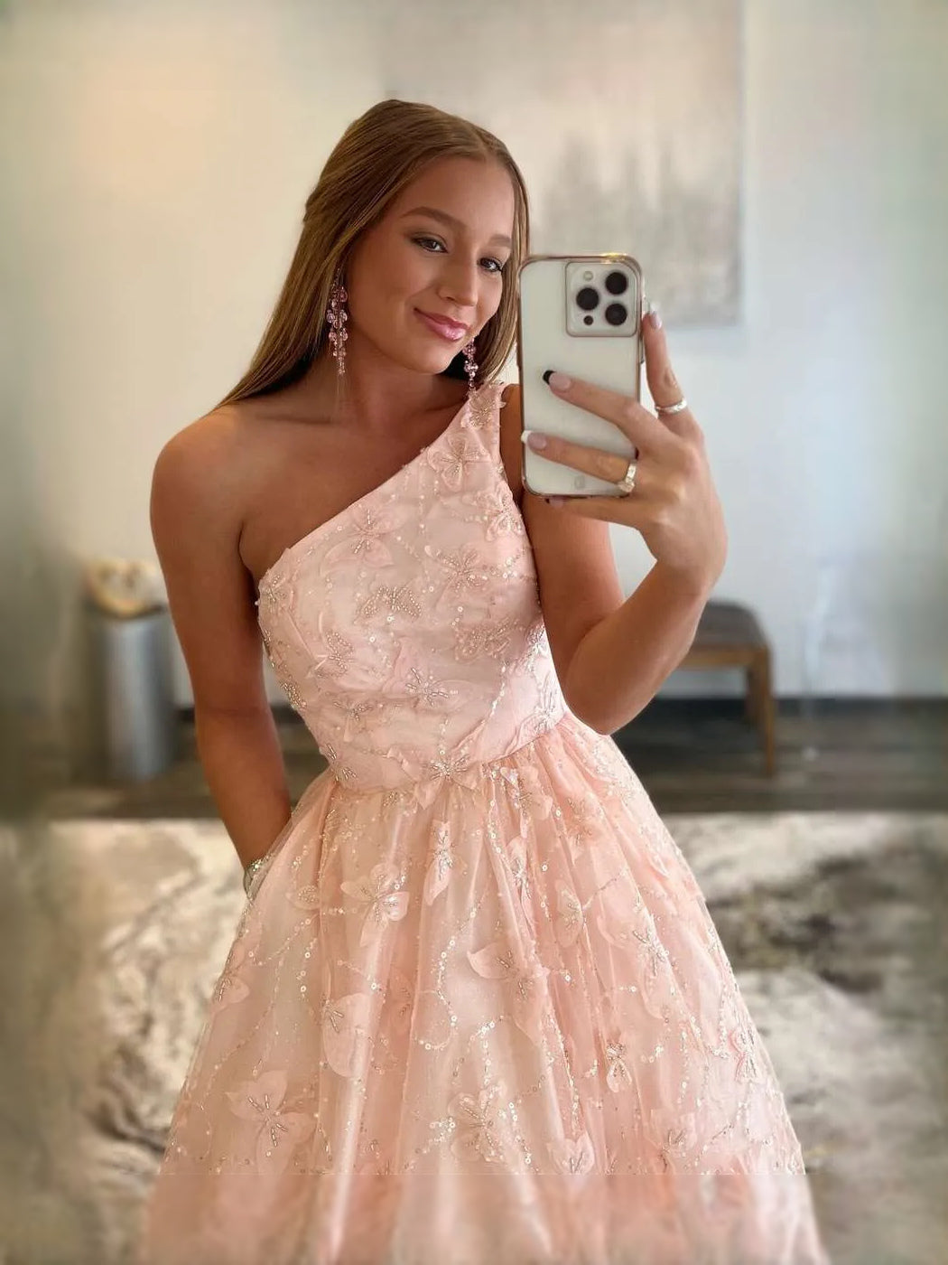 Blush Pink maxi prom dress, back view showing the rear of the dress from another angle