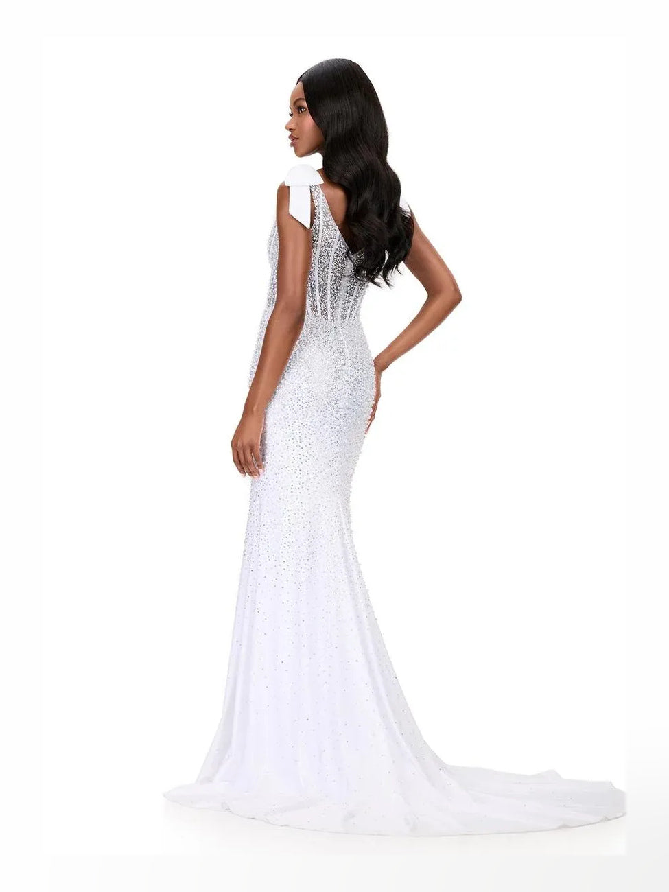 White floor-length prom dress, alternate view showing the dress shape and hem