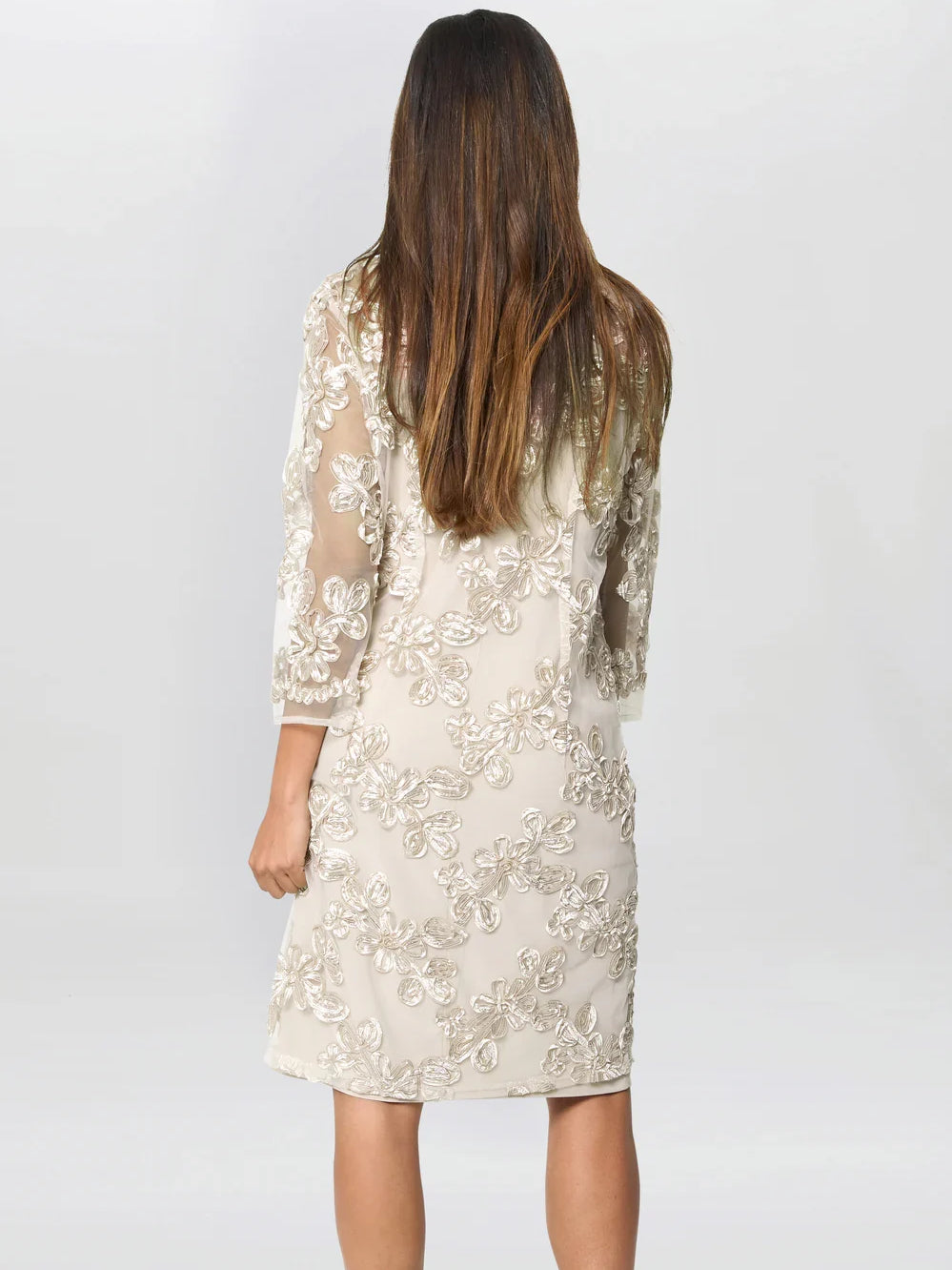 Cream knee-length mother of the bride dress, alternate view showing the dress shape and hem