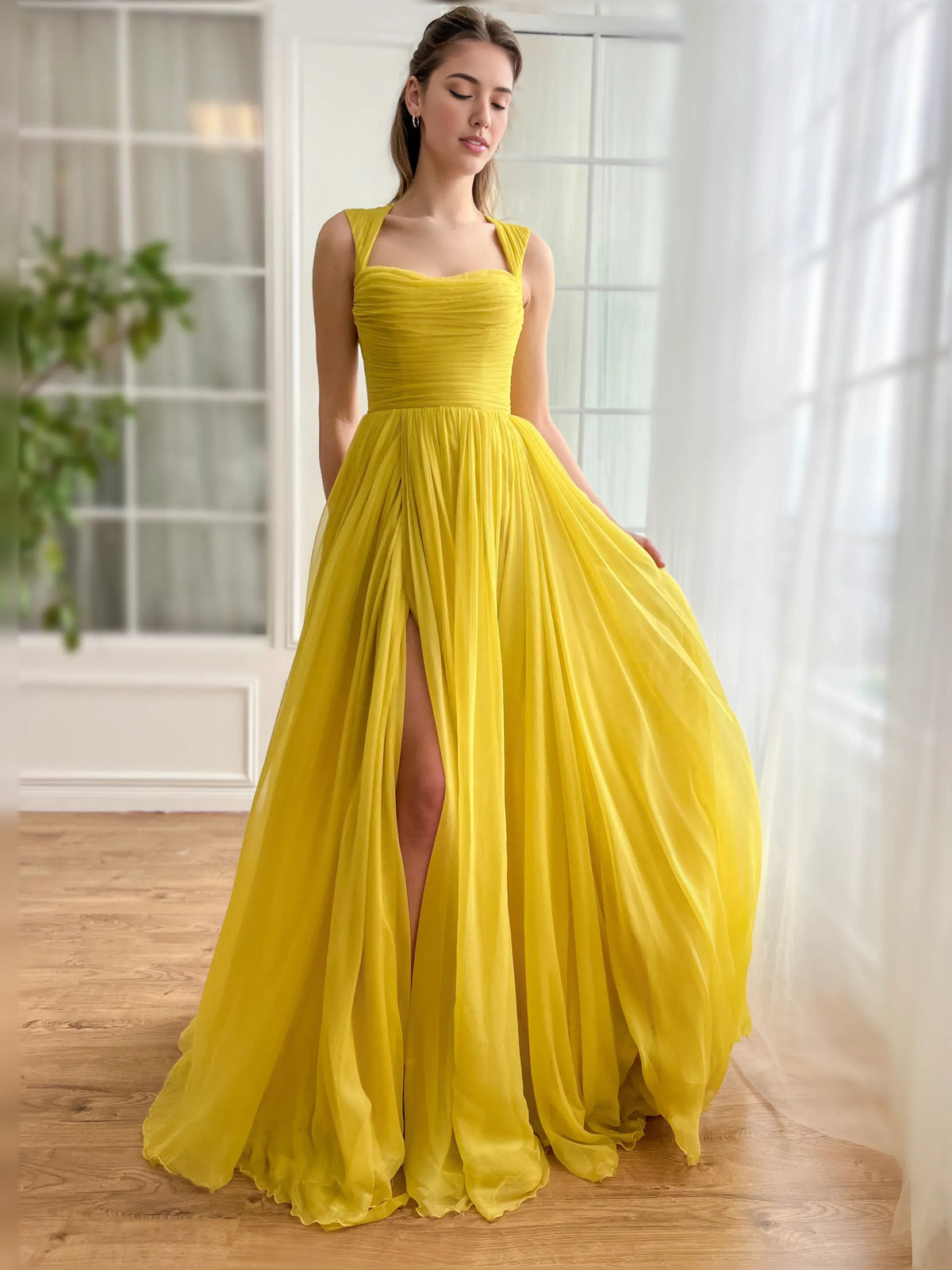 Yellow a-line floor-length formal dress with beading, alternate view