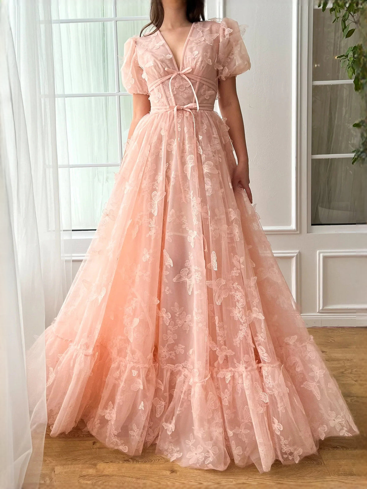 Peach floor-length prom dress, alternate view showing the dress shape and hem