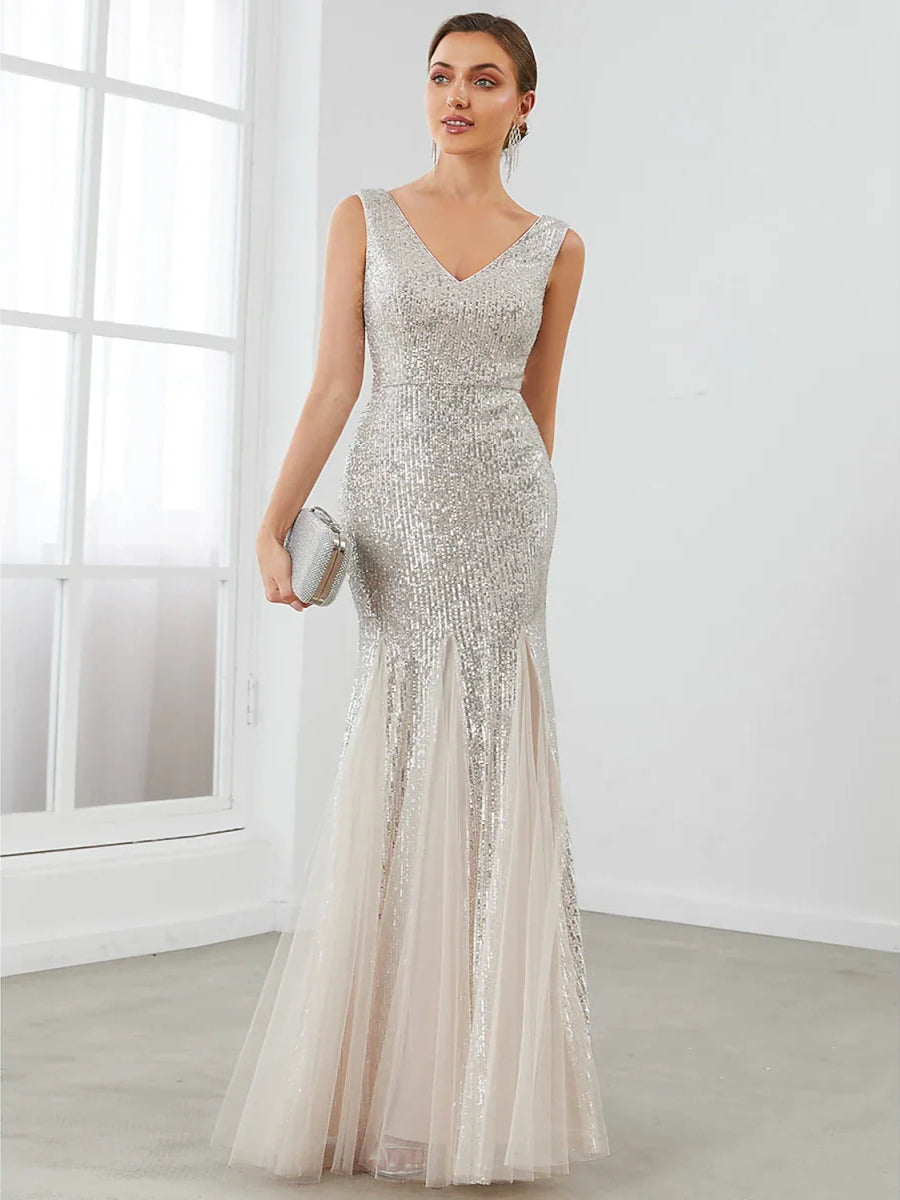 Silver a-line floor-length formal dress with sequins, alternate view showing the bodice