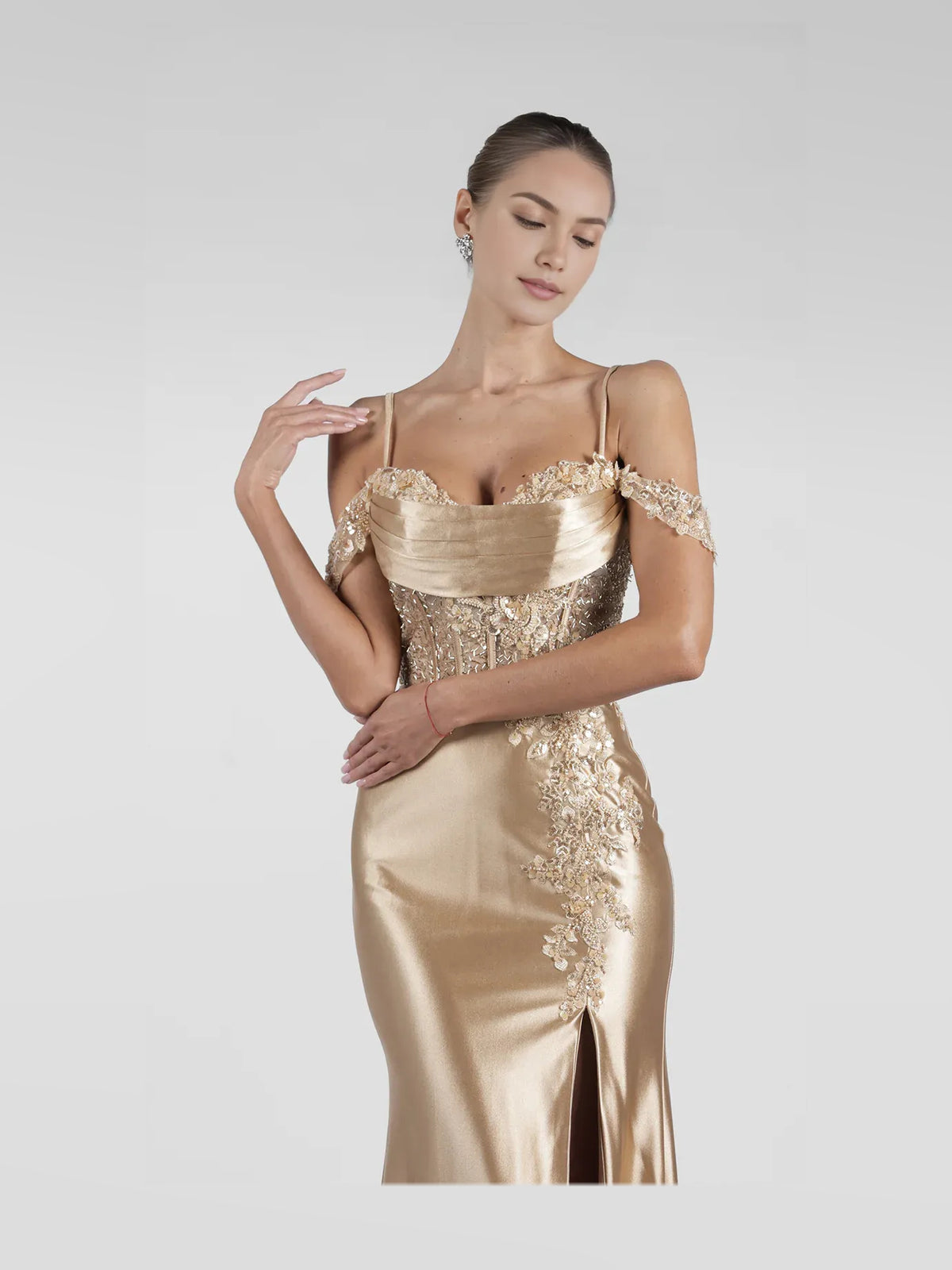 Champagne floor-length prom dress, alternate view showing the dress shape and hem