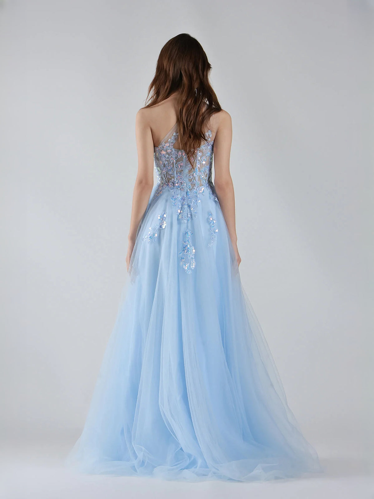 Light Blue maxi prom dress, alternate view showing the dress shape and hem