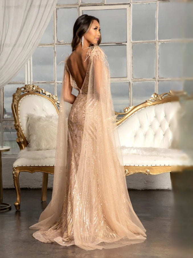 Silver floor-length prom dress, alternate view showing the dress shape and hem