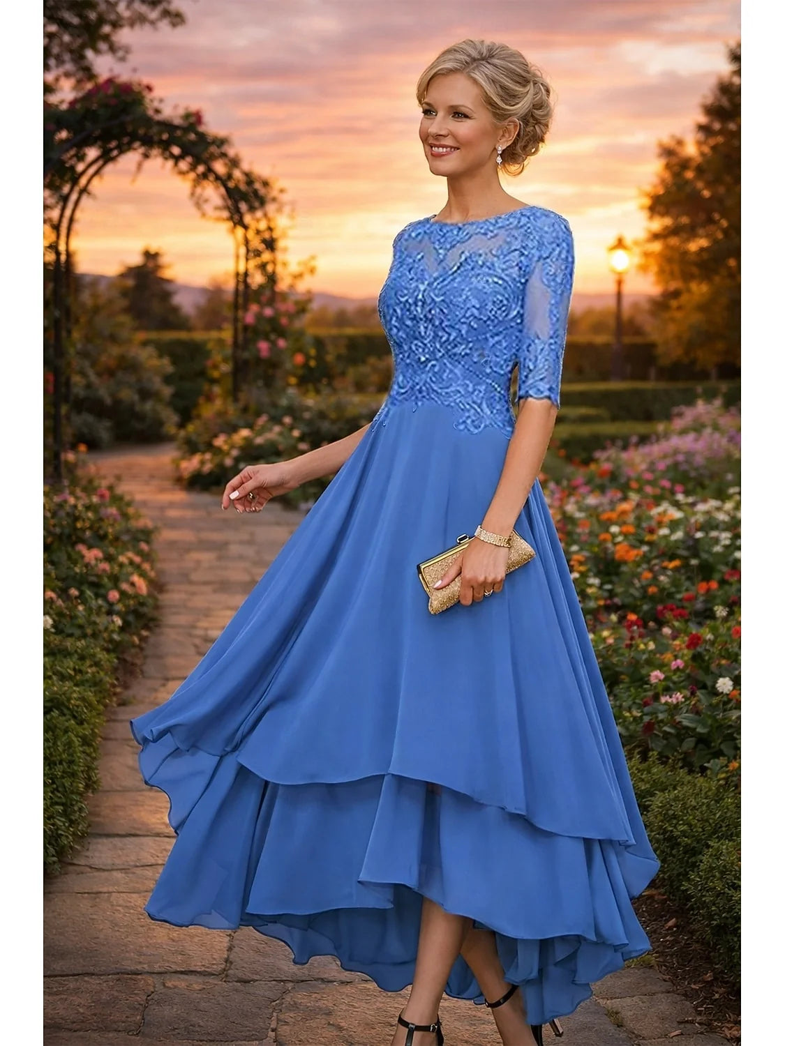 Ocean Blue high-low mother of the bride dress, alternate view showing the dress shape and hem