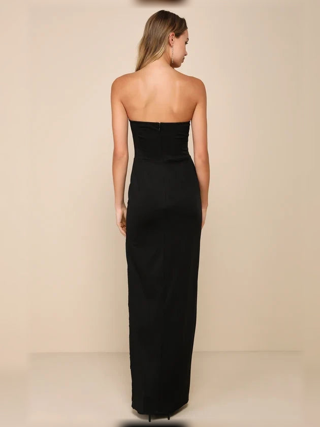 Black sheath floor-length formal dress with floral appliqué, alternate view