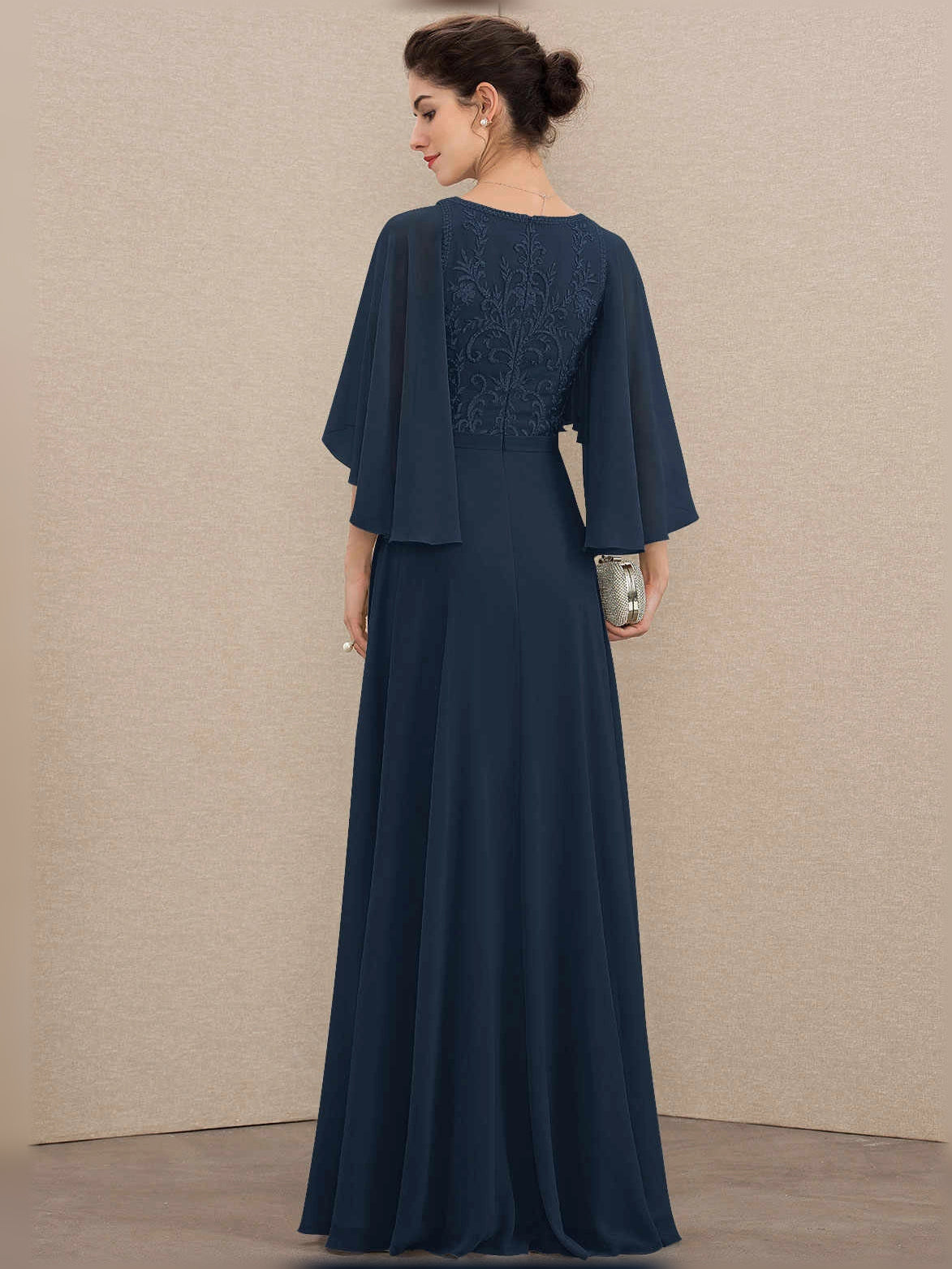 Deep Purple floor-length mother of the bride dress, alternate view showing the dress shape and hem