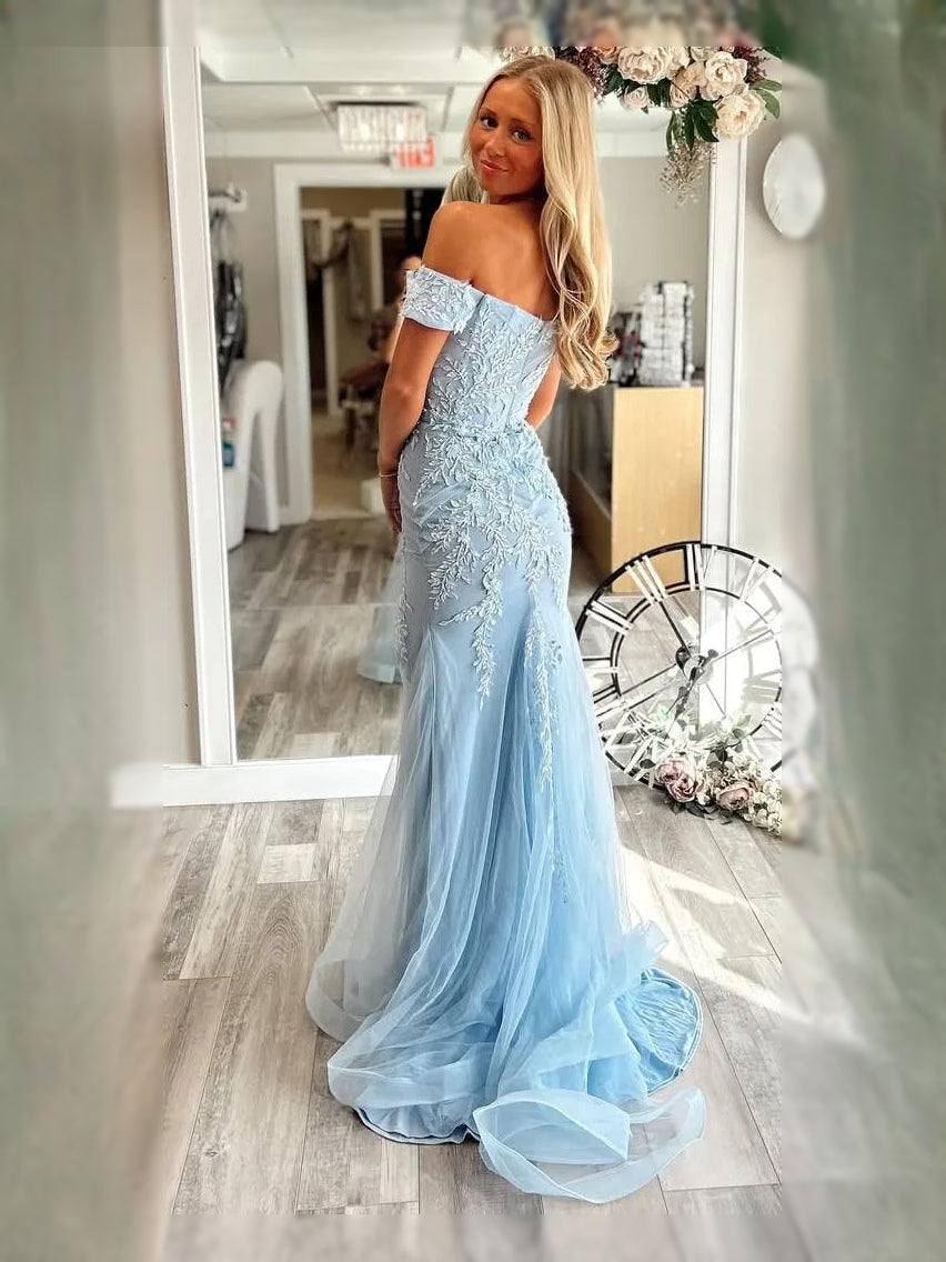 Light Blue maxi prom dress, alternate view showing the dress shape and hem