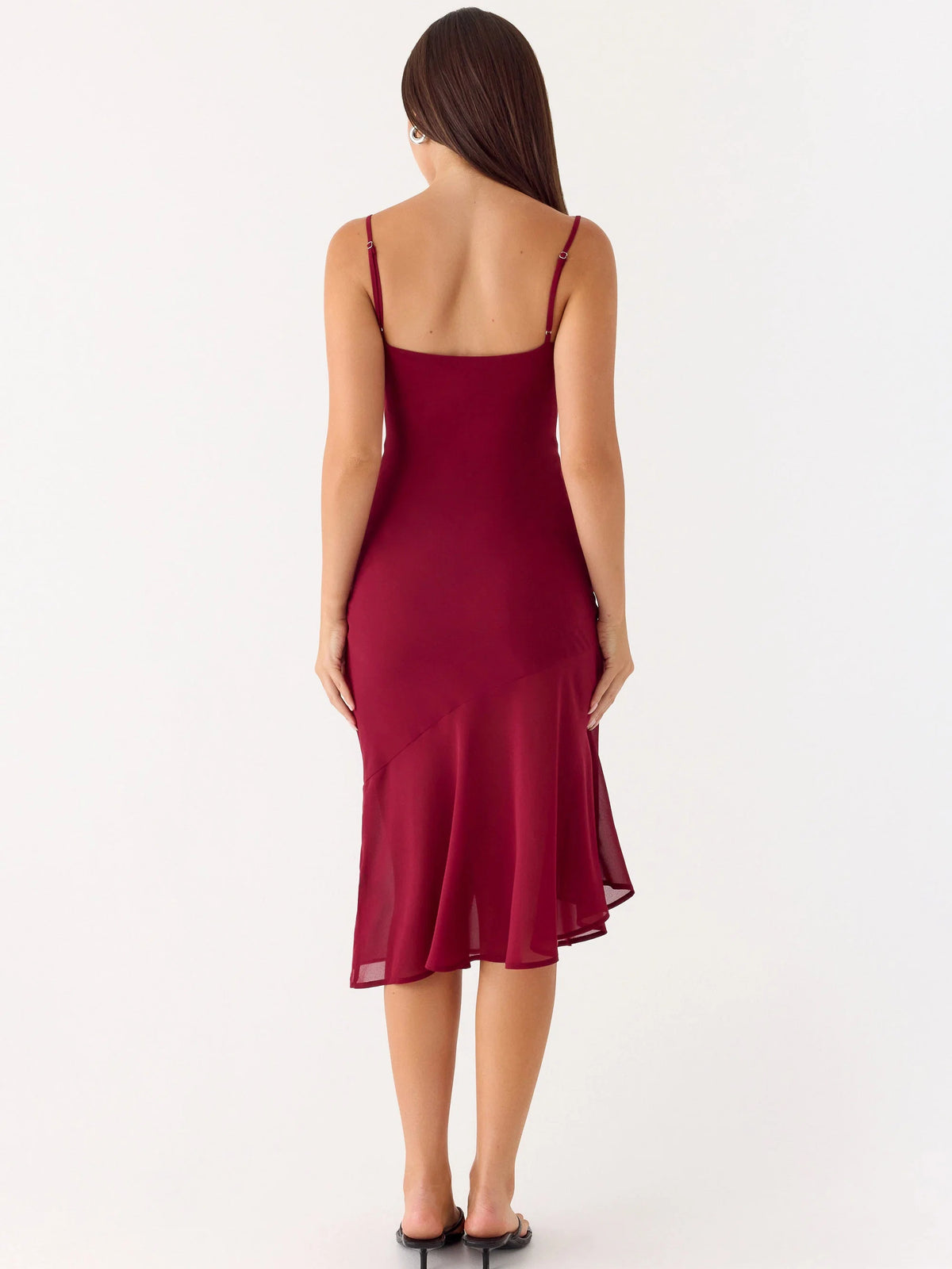 Red midi formal dress, alternate view showing the bodice