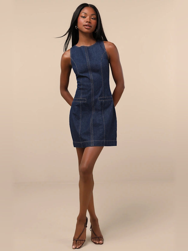 Blue mini homecoming dress, alternate view showing the dress shape and hem