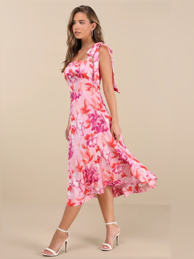Pink Floral midi formal dress with floral print, alternate view showing the bodice